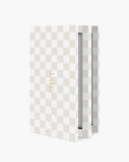 Seint IIID Palette 8 in Blanc Damier, a soft cream-and-white checkerboard case with gold SEINT wordmark