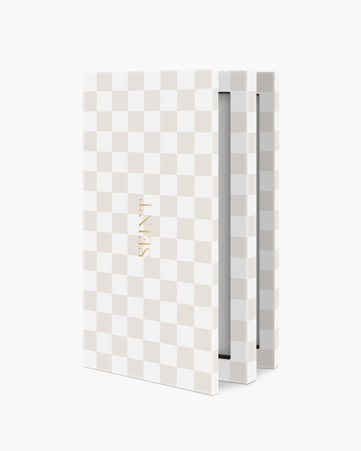 Seint IIID Palette 8 in Blanc Damier, a soft cream-and-white checkerboard case with gold SEINT wordmark