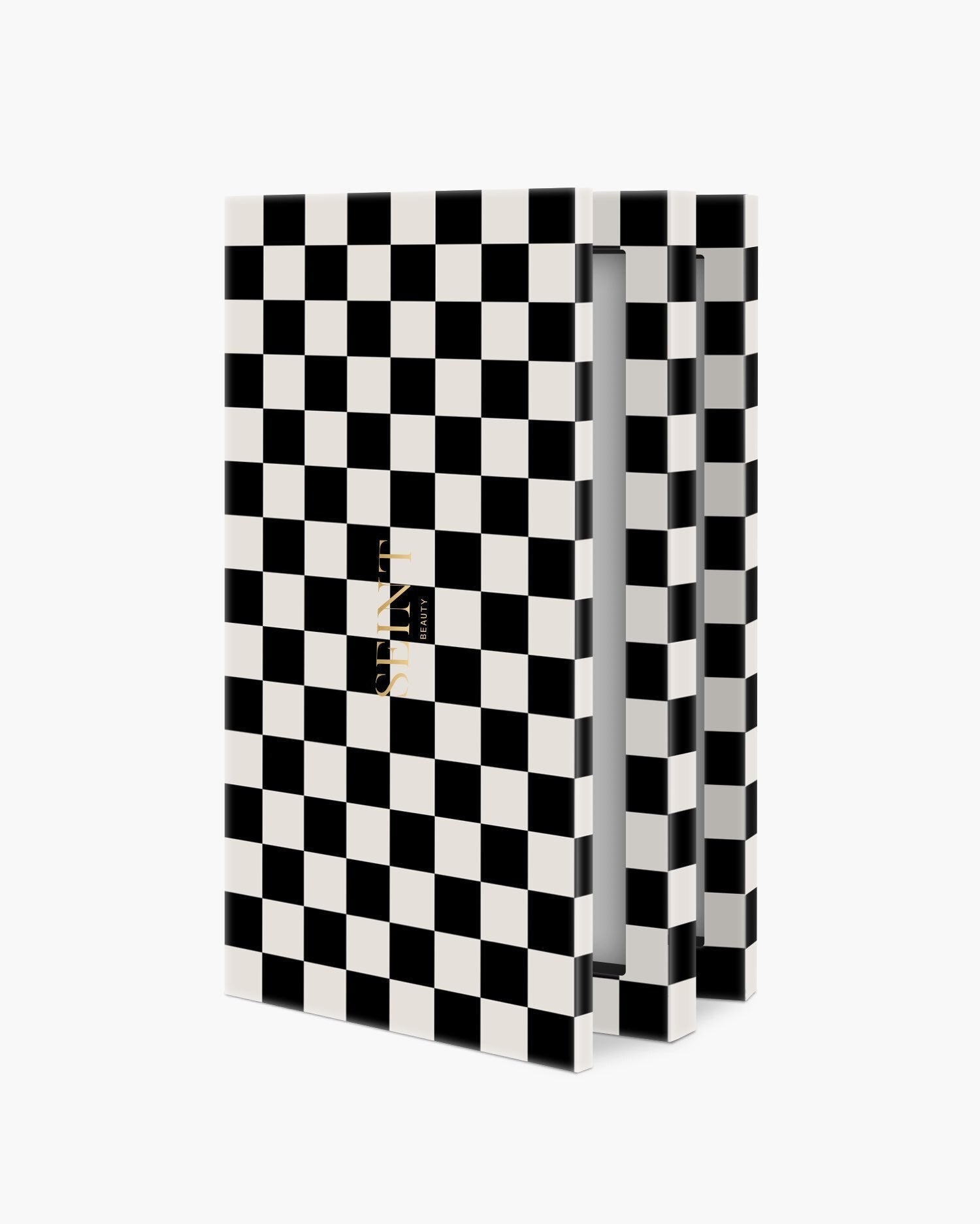 Seint IIID Palette 8 in Noir Damier — bold black-and-white checkerboard cover, standing upright and slightly open