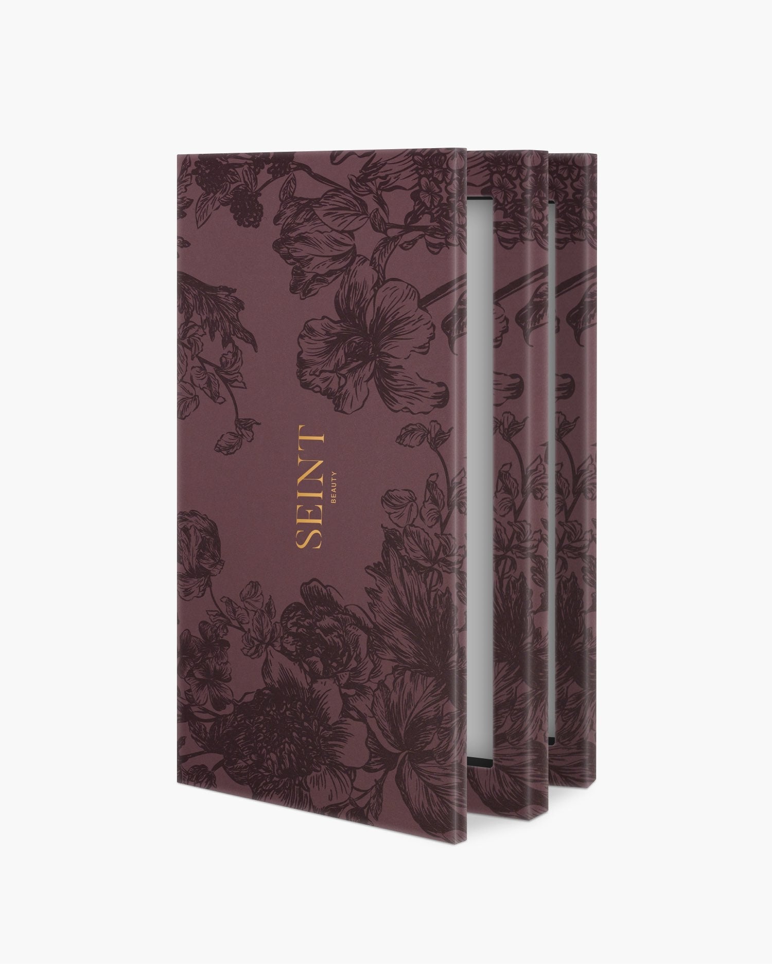 Seint IIID Palette 8 in Plum Floral, deep plum case etched with tonal blooms and a gold SEINT wordmark