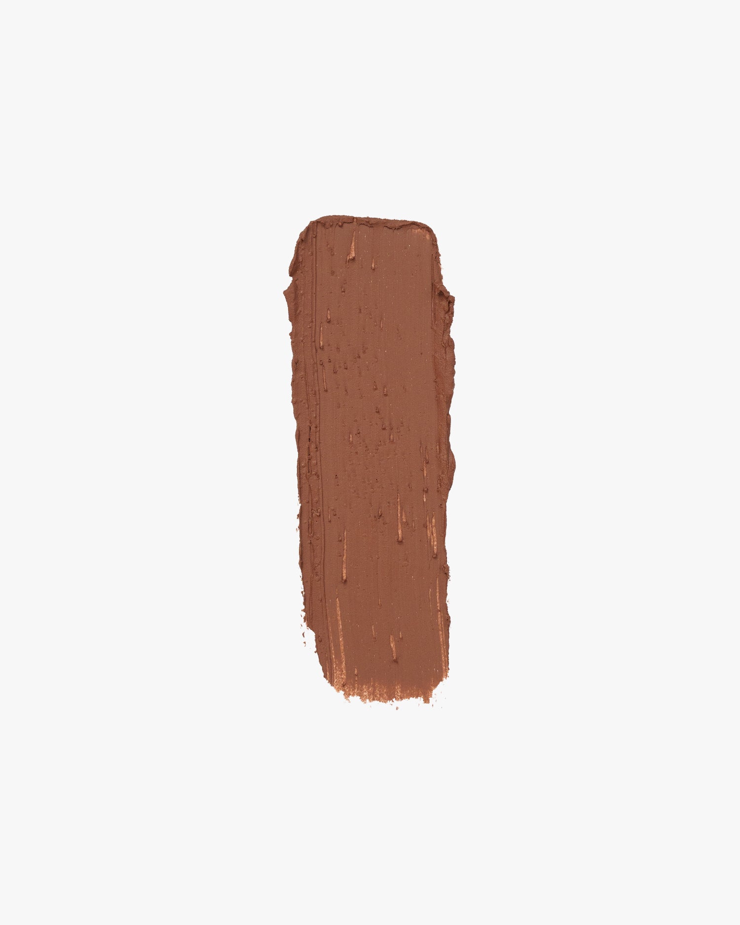 A thick, vertical swatch of matte brown lipstick with a textured surface, centered on a white background.