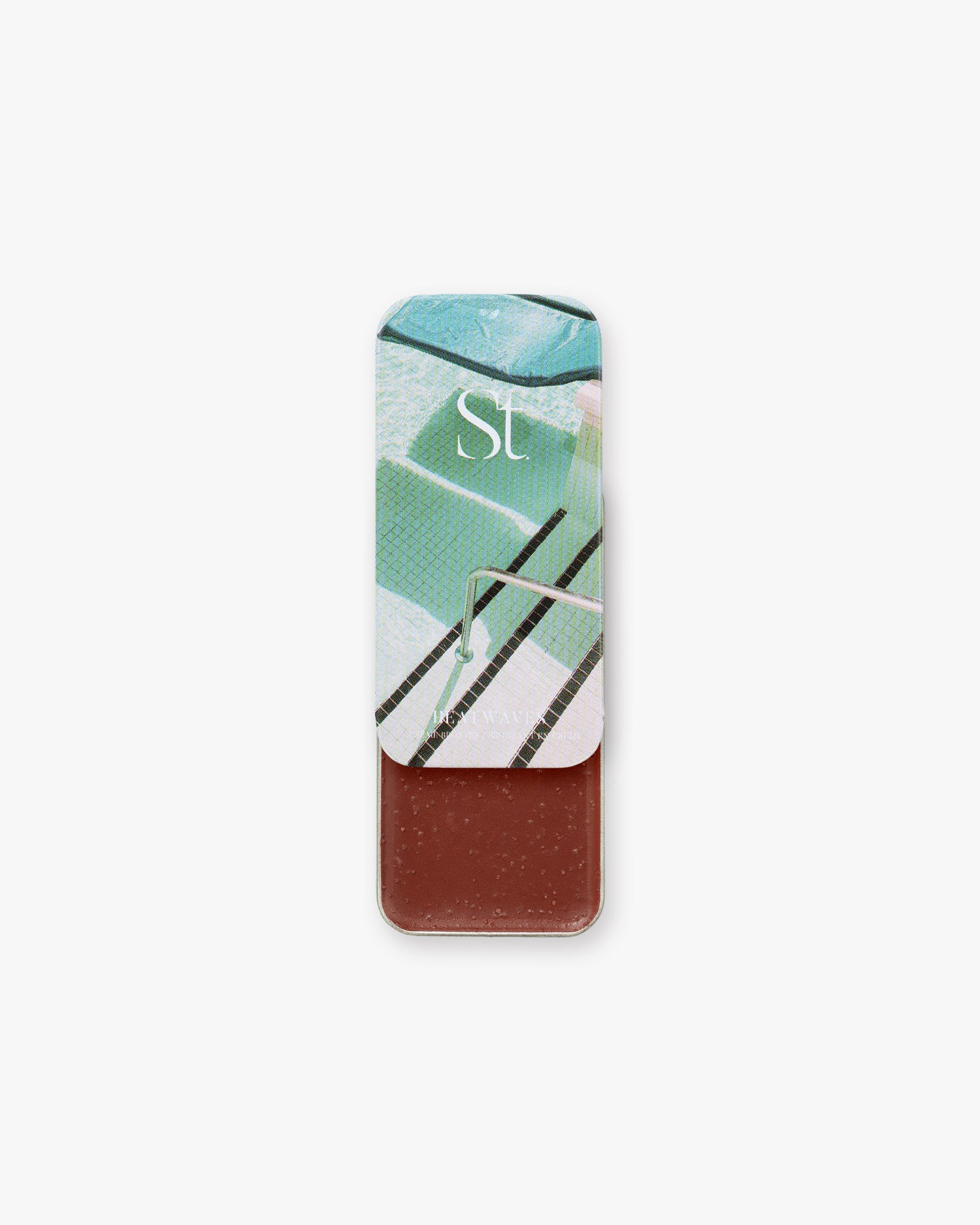 Seint Bronzer in Heatwaves, slide-open tin with retro pool lid art revealing a deep mahogany-brown cream
