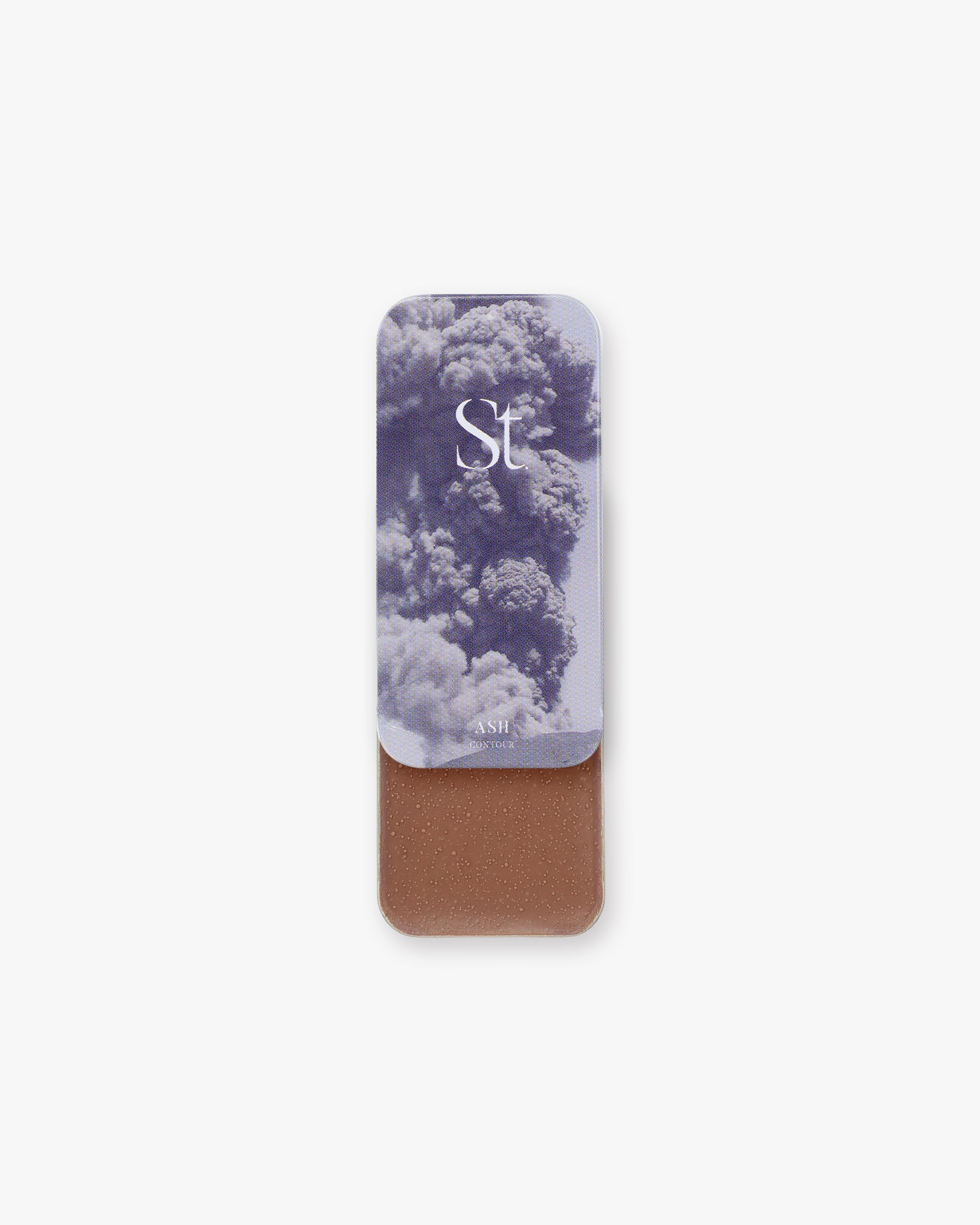 Seint Contour in Ash: billowing ash-cloud lid art over a medium rosy-brown cream in a slide-open tin