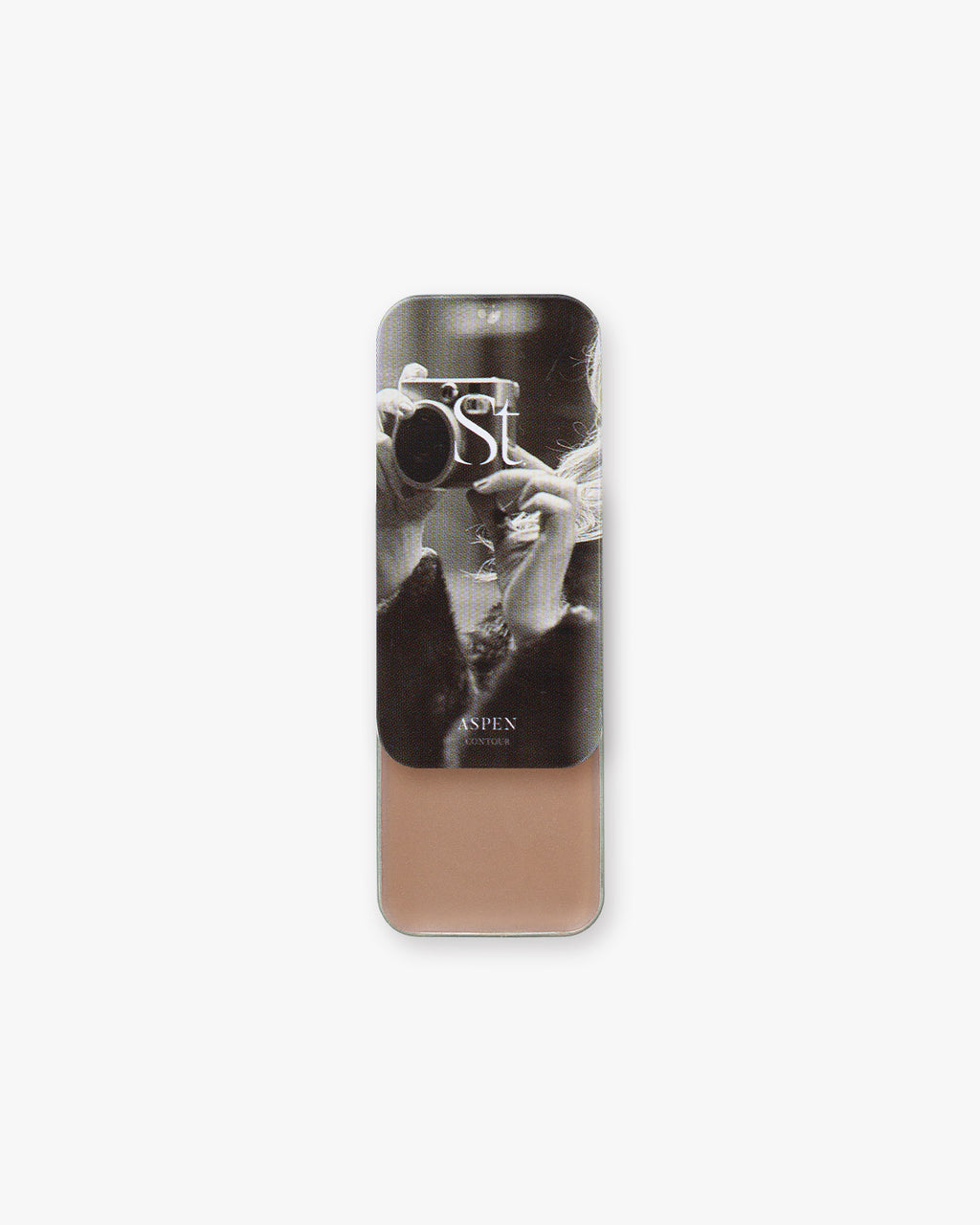 Seint Contour in Aspen: slide-open tin with black-and-white camera photo lid, revealing soft nude-taupe cream