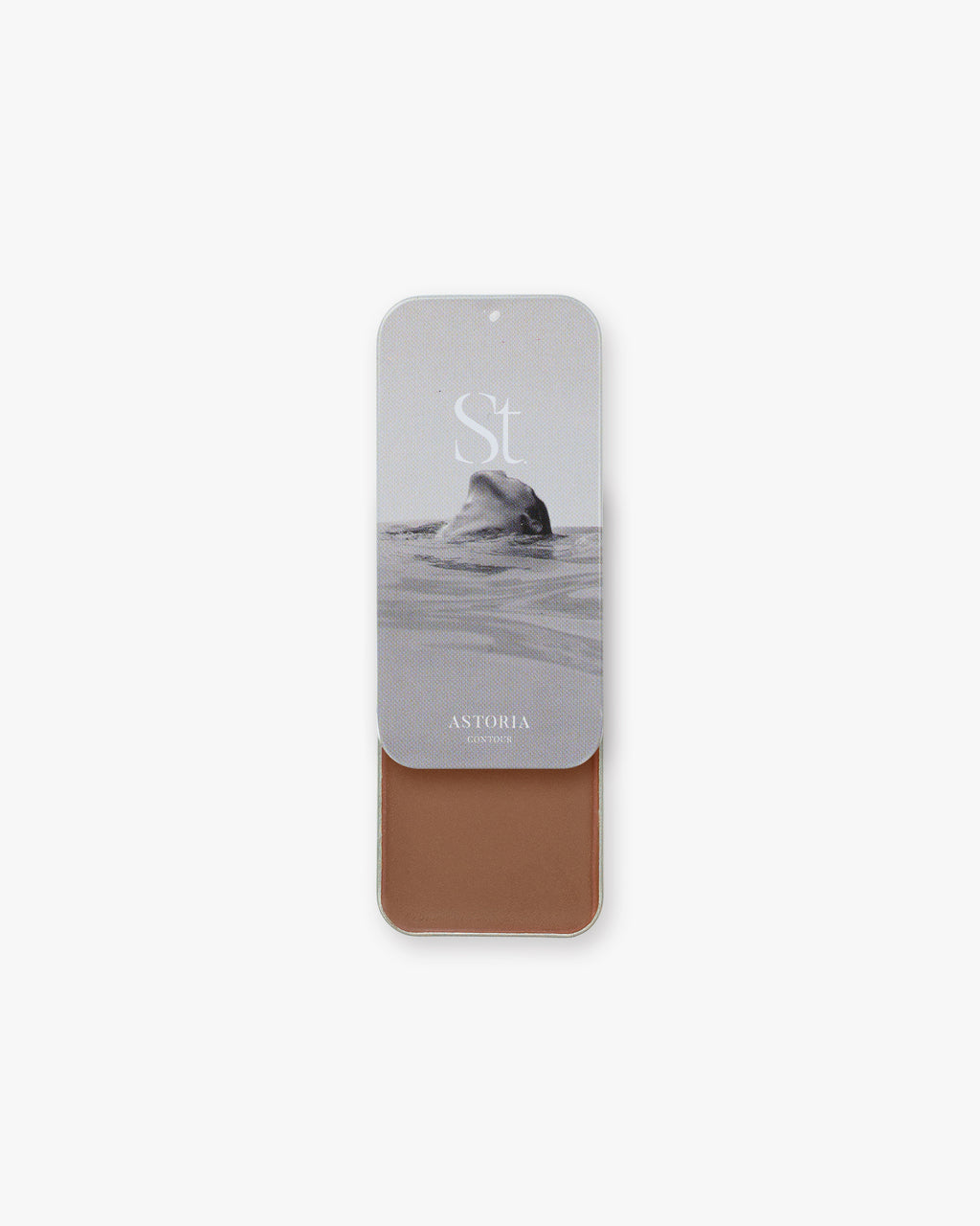 Seint Contour in Astoria: black-and-white sea-rock lid art over a soft rosy-brown cream