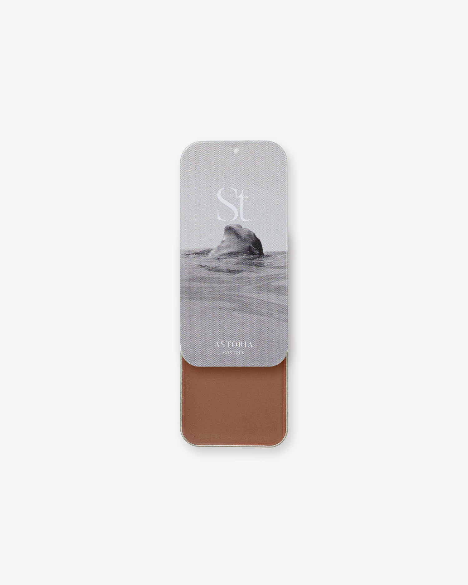 Seint Contour in Astoria: black-and-white sea-rock lid art over a soft rosy-brown cream