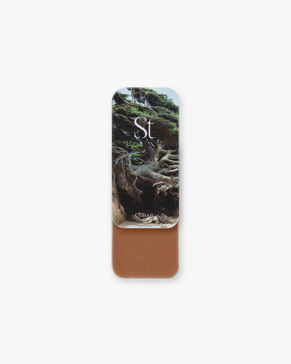Seint Contour in Cedar: windswept cedar tree lid art, tin slid open to a warm russet-brown cream