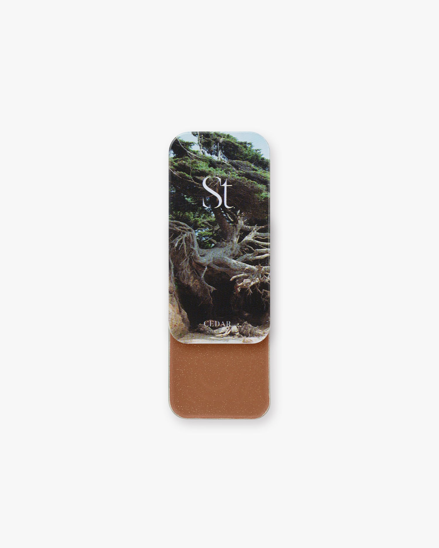 Seint Contour in Cedar: windswept cedar tree lid art, tin slid open to a warm russet-brown cream