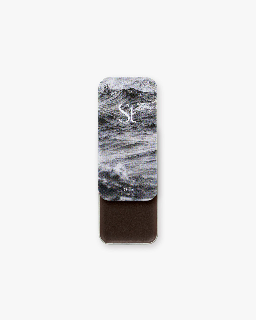 Seint Contour in Cola: stormy ocean-wave lid art, tin slid open to a deep espresso-brown cream