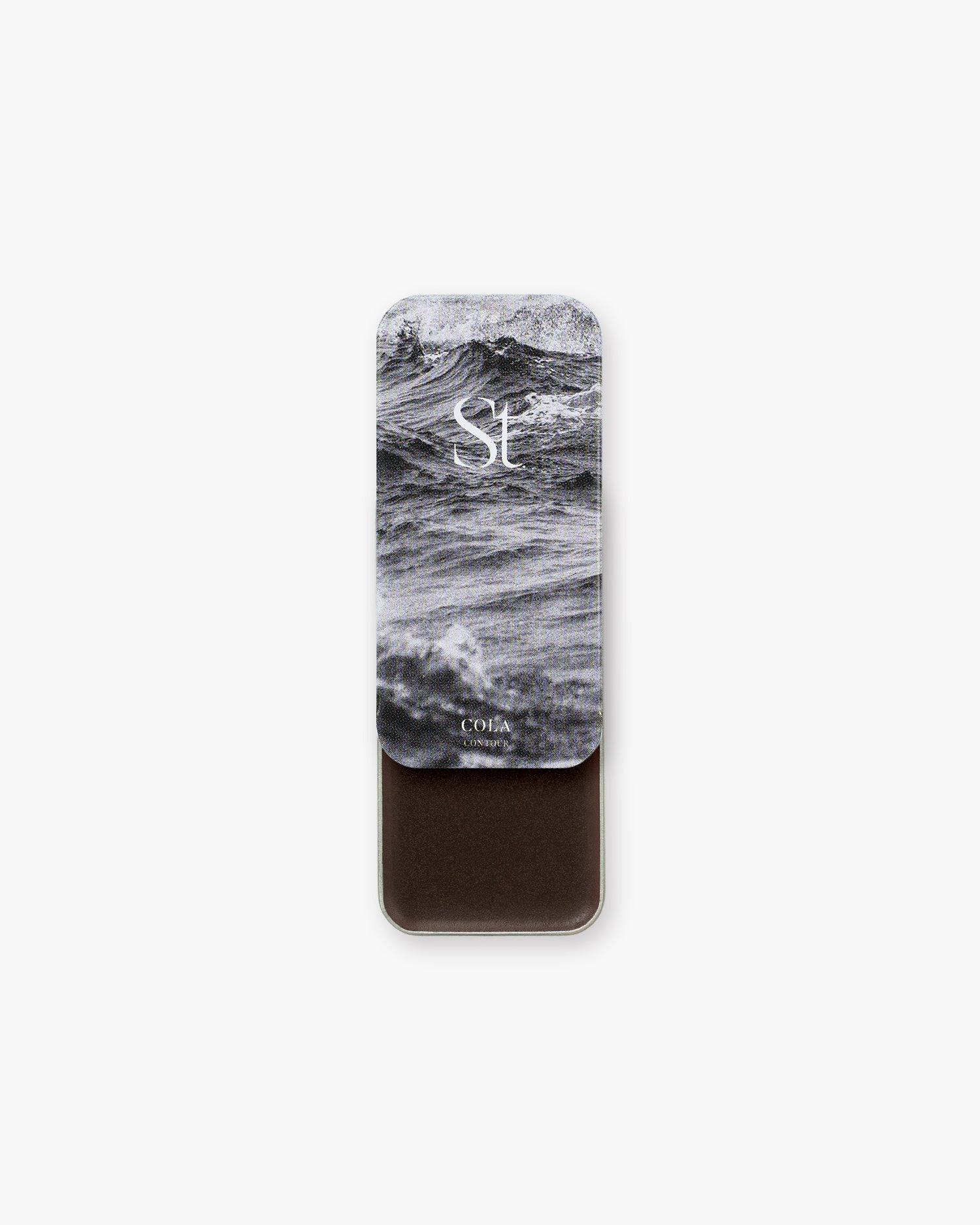 Seint Contour in Cola: stormy ocean-wave lid art, tin slid open to a deep espresso-brown cream