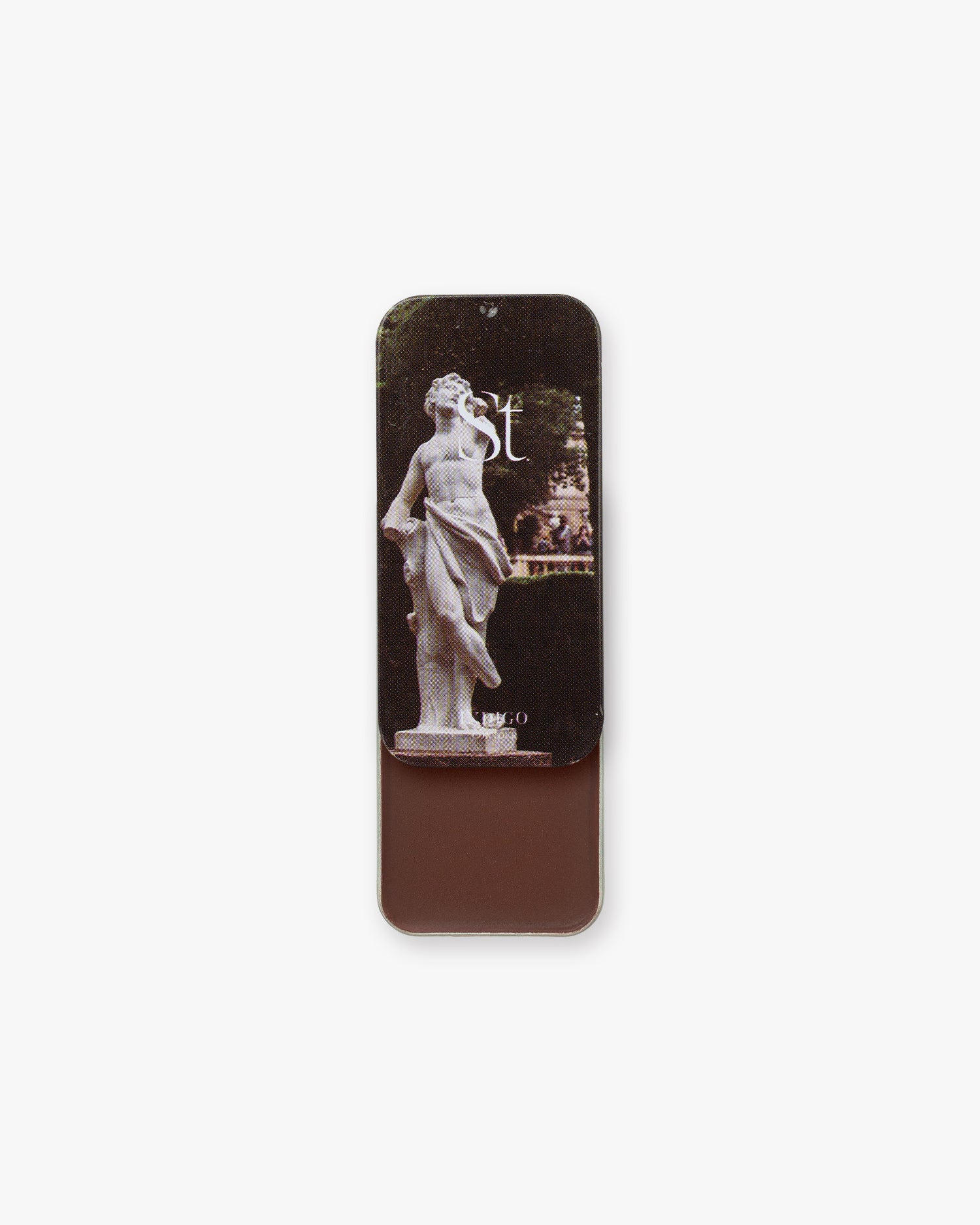 Seint Contour in Indigo: garden statue lid art, tin revealing a deep mahogany-brown cream