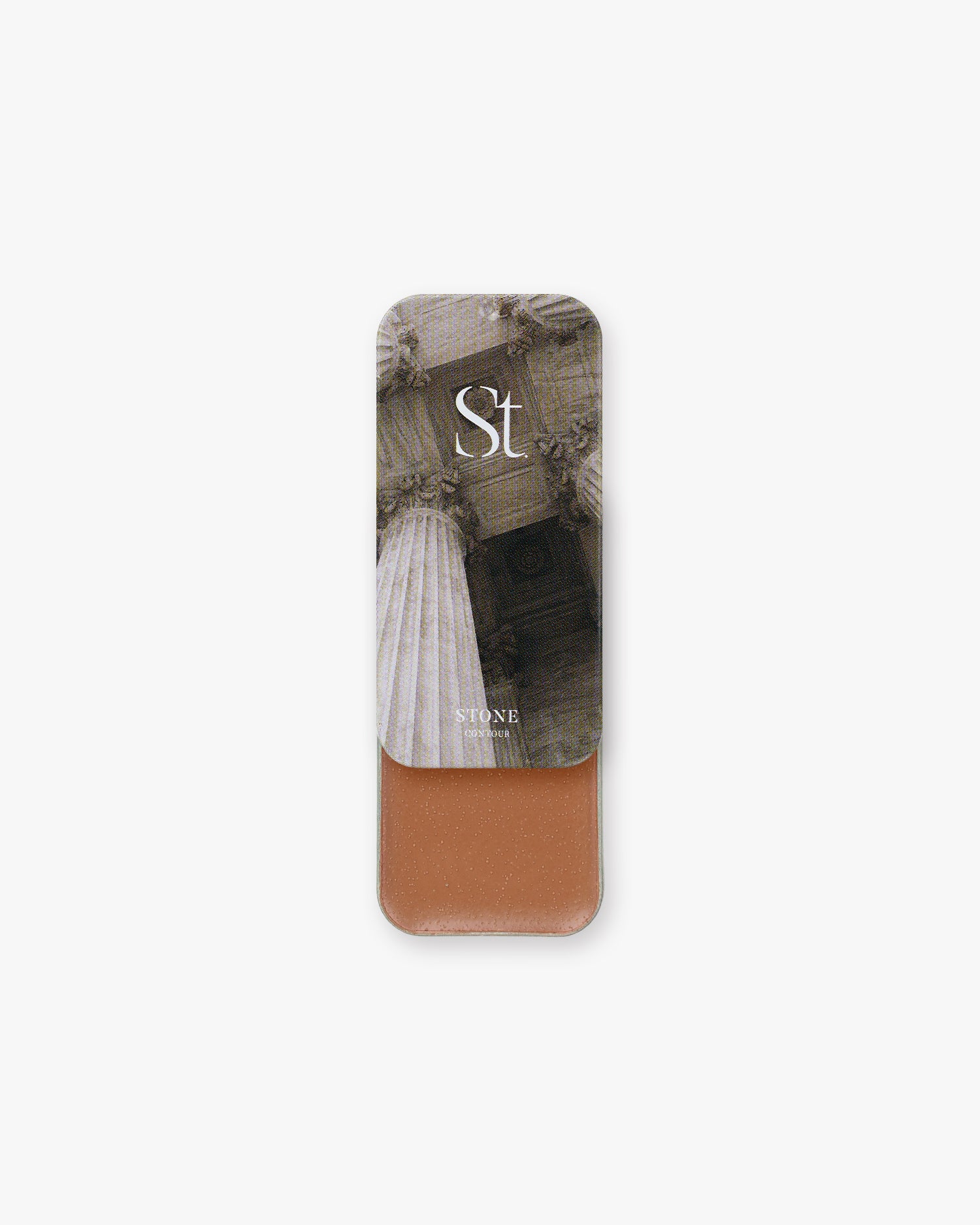 Seint Contour in Stone: sepia classical-column lid art above a warm terracotta-brown cream