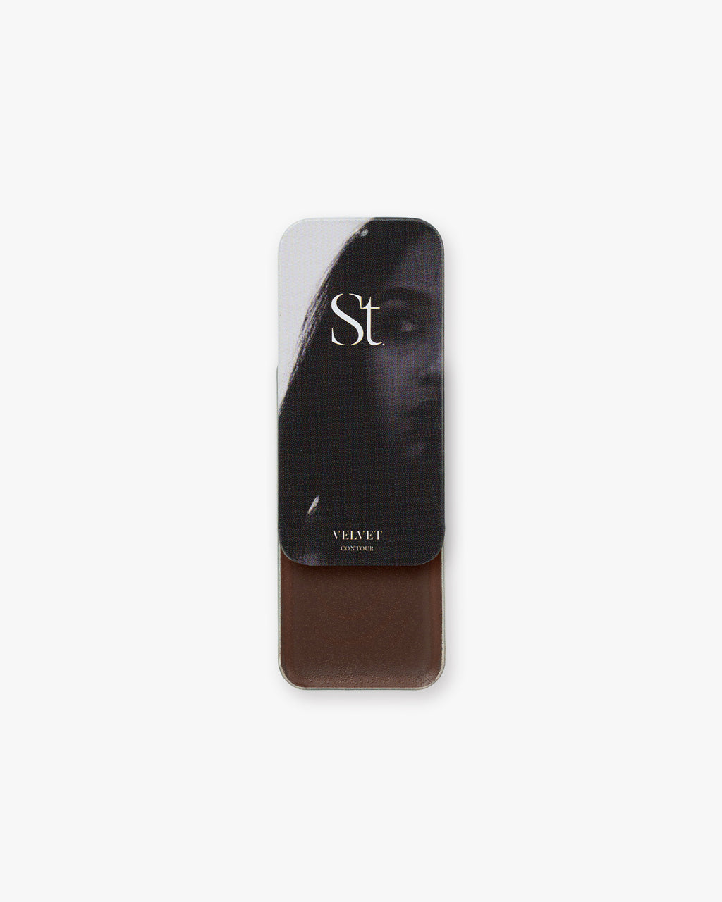Seint Contour in Velvet: black-and-white portrait lid art with a deep chocolate-brown cream below