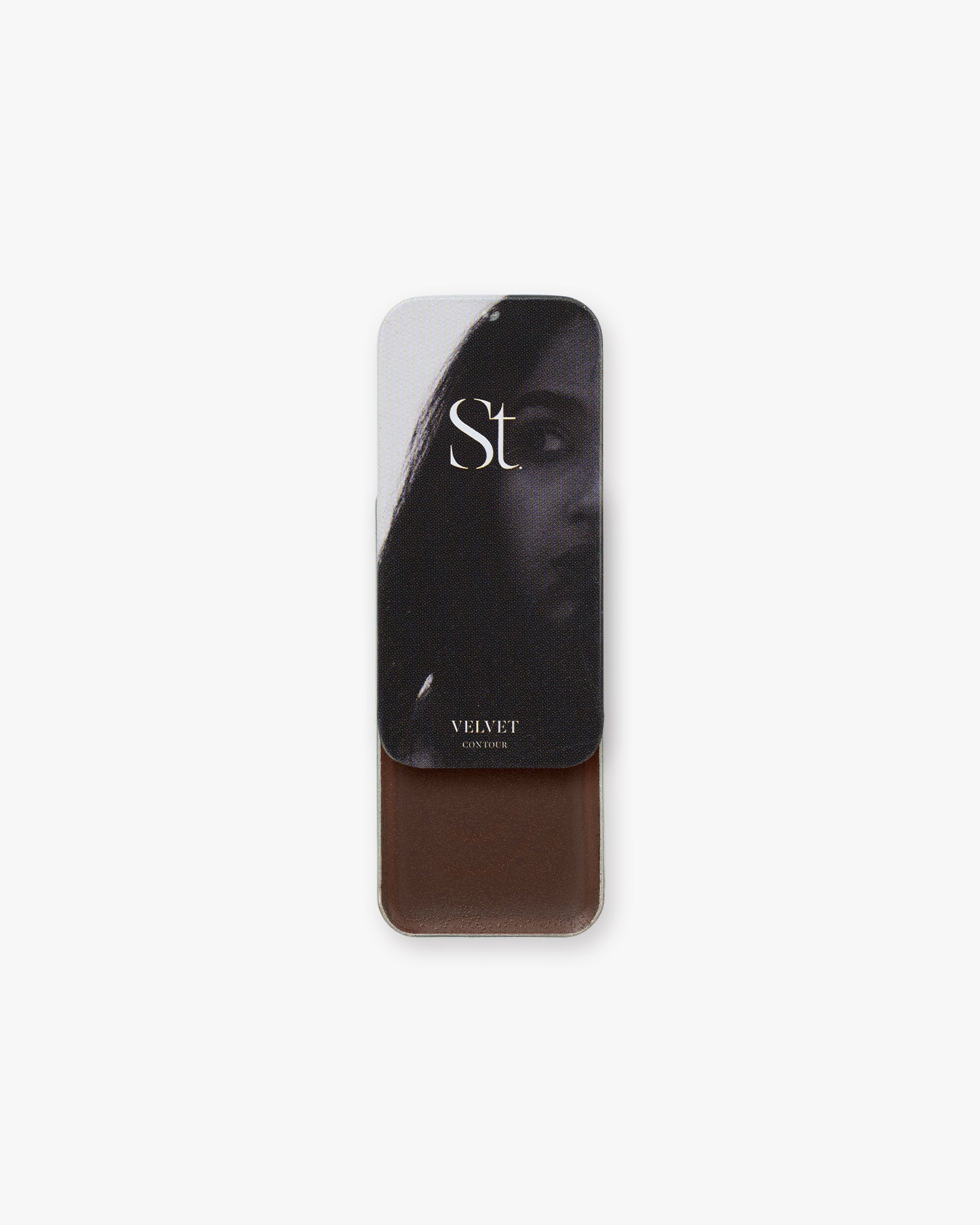 Seint Contour in Velvet: black-and-white portrait lid art with a deep chocolate-brown cream below