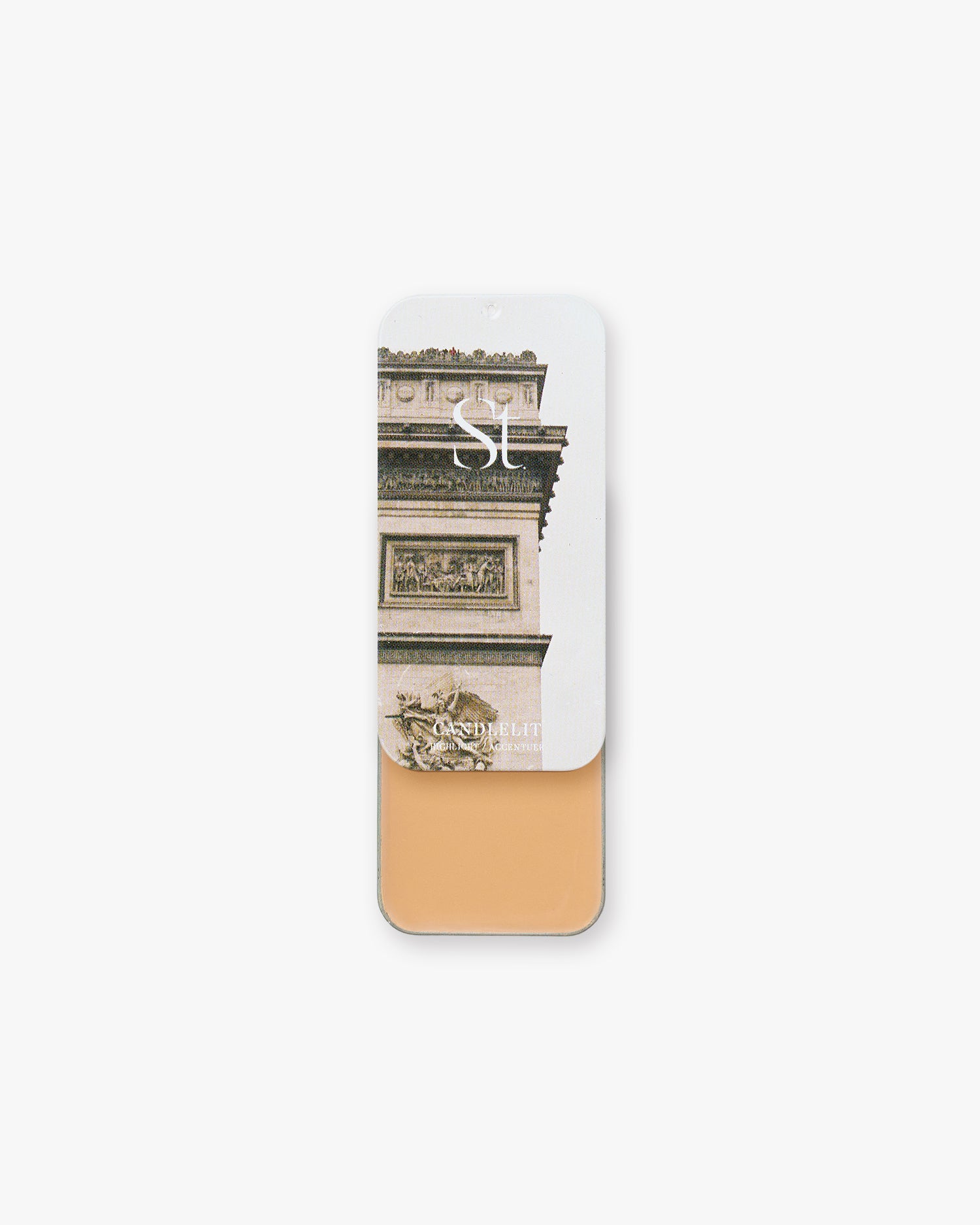 Seint Highlight in Candlelit, warm beige cream below a lid of carved Arc de Triomphe stonework