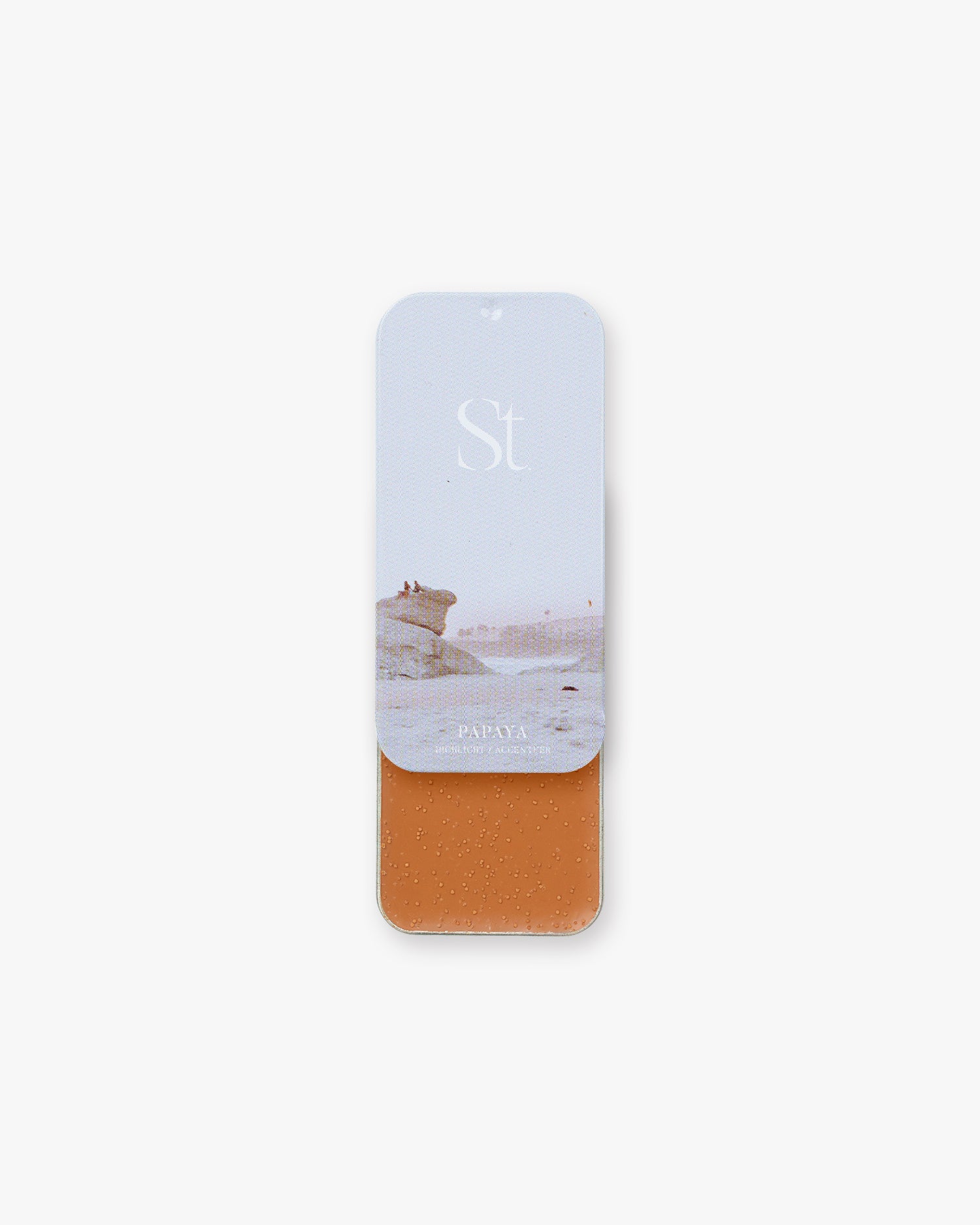 Seint Highlight in Papaya: burnt-orange cream revealed under a hazy pale shoreline lid