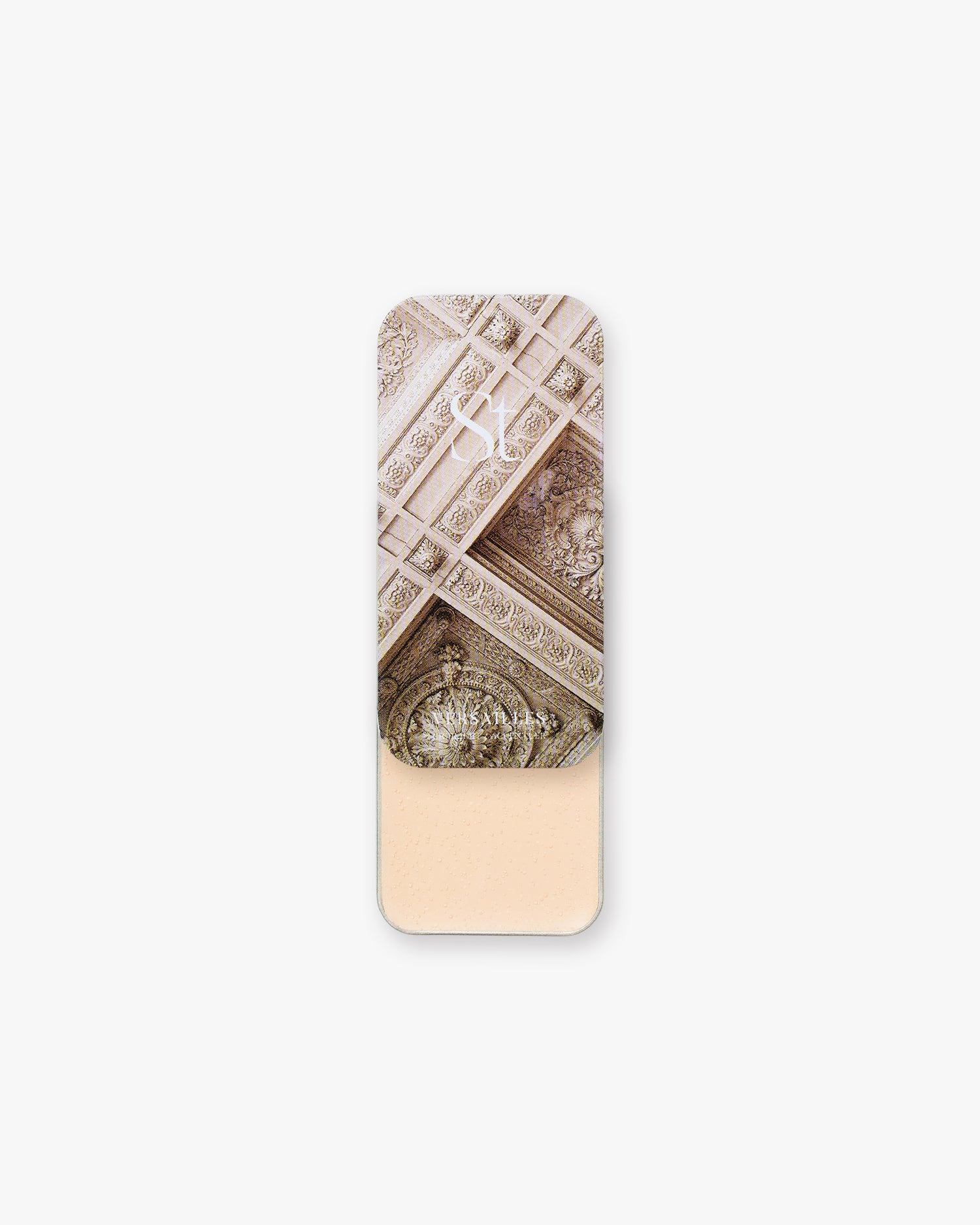 Seint Highlight in Versailles, slide tin open to pale ivory cream, lid printed with an ornate carved ceiling