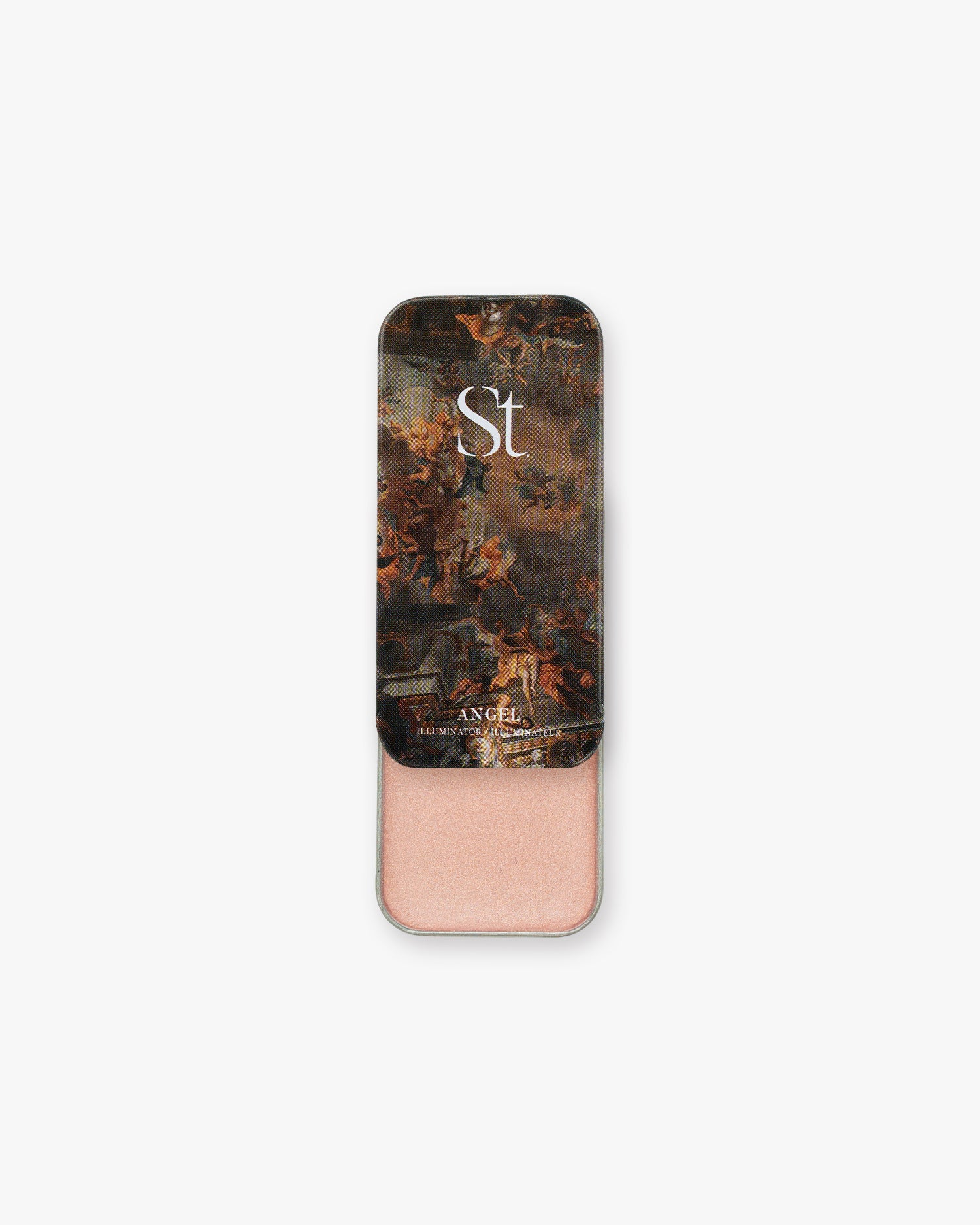 Seint Illuminator in Angel, open slide tin showing shimmering peachy-pink cream under baroque painting lid art