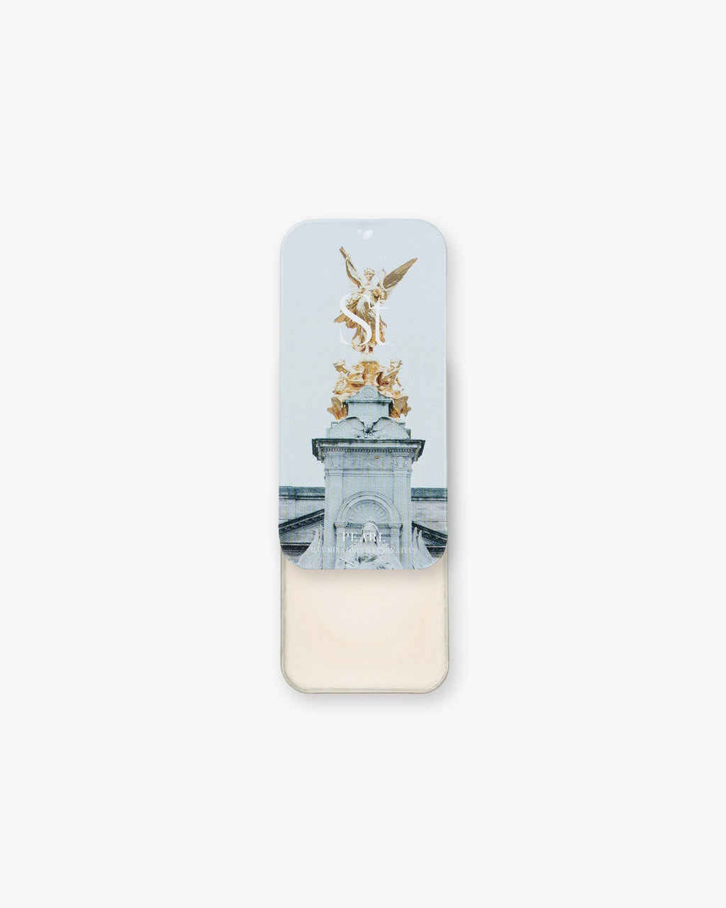 Seint Illuminator in Pearl, tin slid open to soft ivory cream beneath lid art of a gilded winged statue