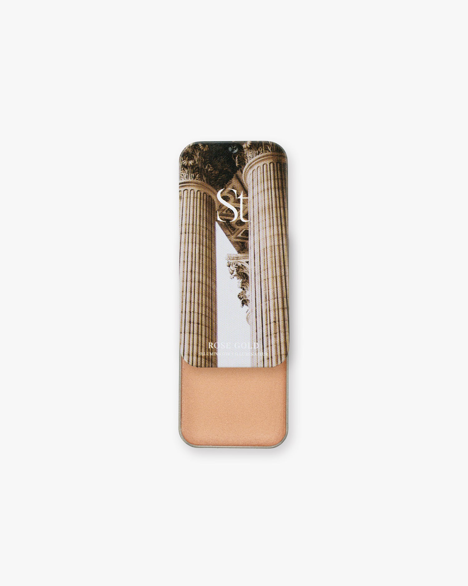 Seint Illuminator in Rose Gold, open tin showing soft pink-champagne cream under classical column lid art
