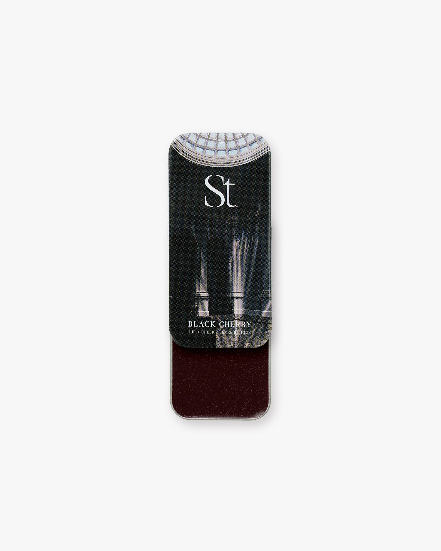 Seint Lip + Cheek in Black Cherry, gloss finish — deep blackened-burgundy cream blush in an open slide tin