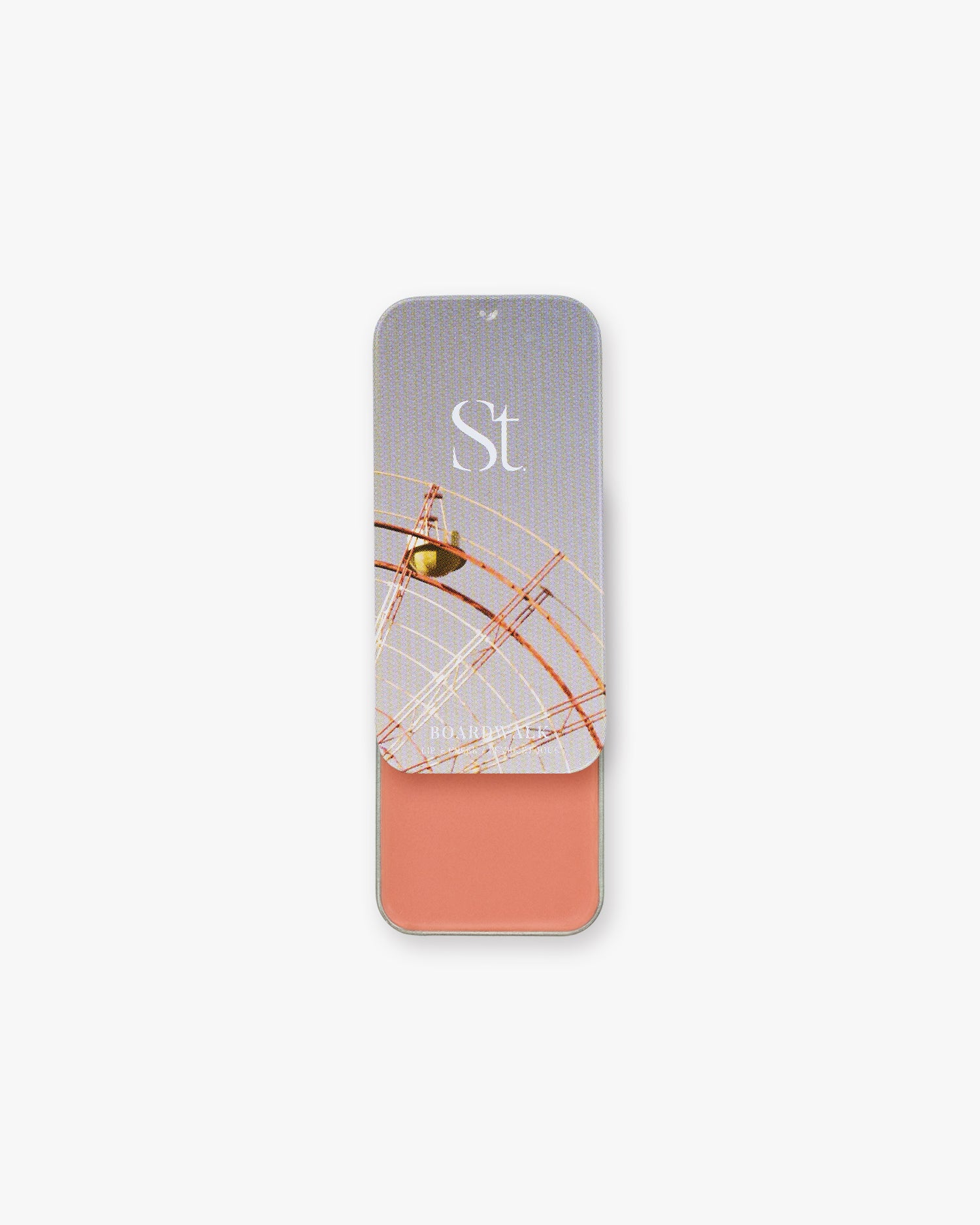 Seint Lip + Cheek in Boardwalk, gloss finish — soft peachy-coral cream blush shown in an open slide tin