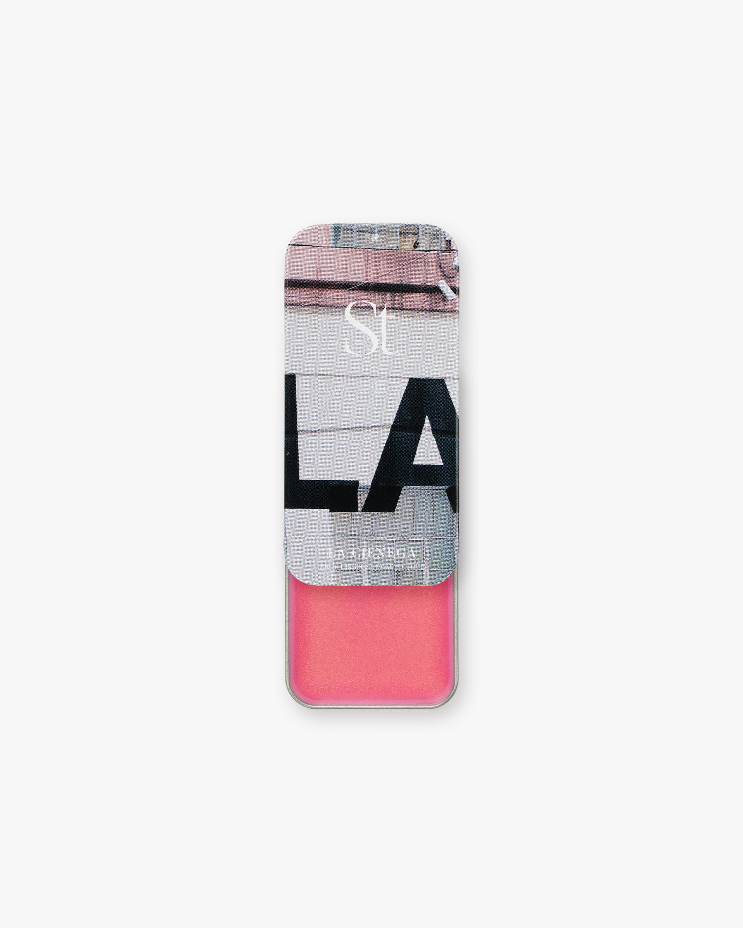 Seint Lip + Cheek in La Cienega, gloss finish — open tin of shimmery watermelon-pink cream for lips and cheeks