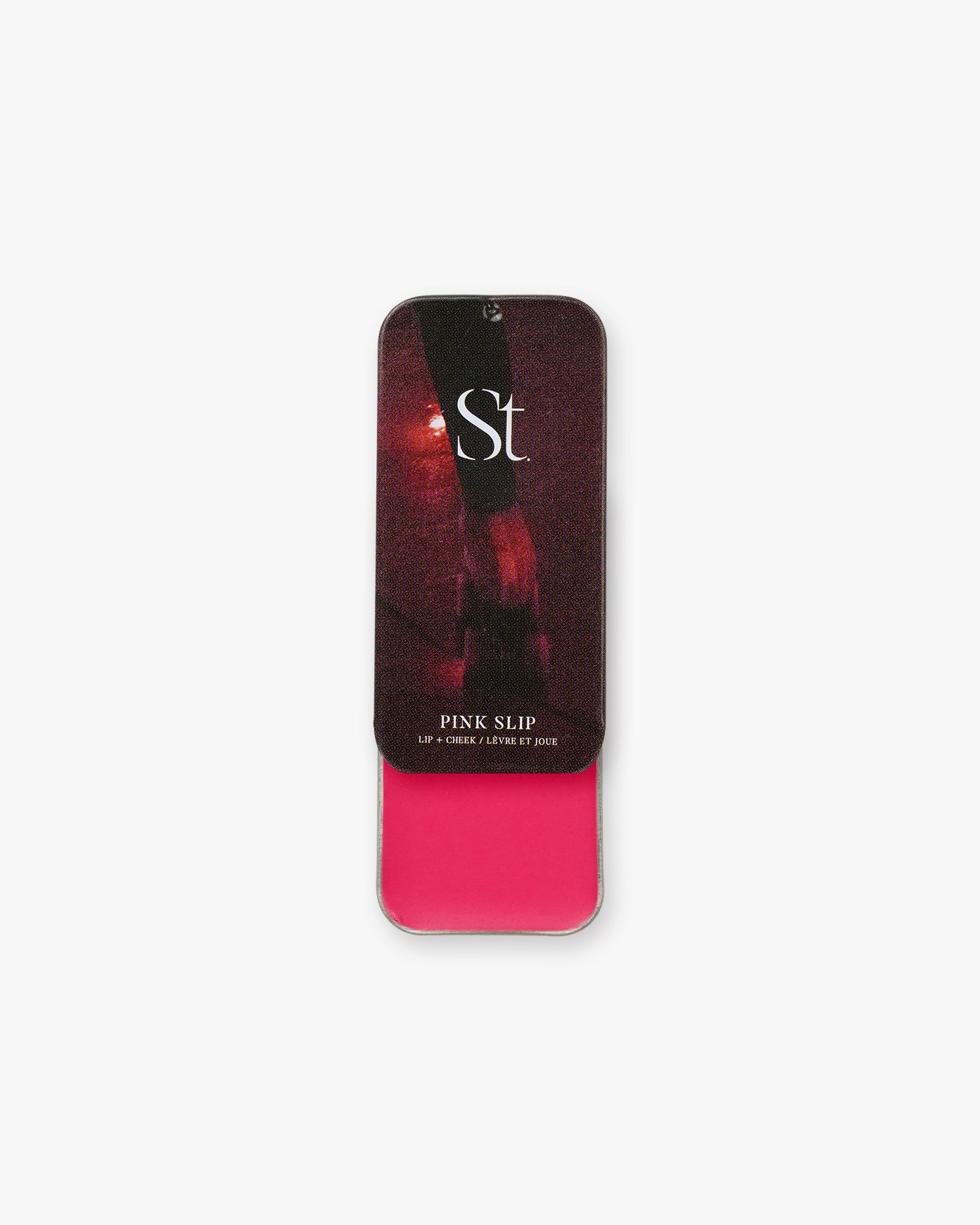 Seint Lip + Cheek in Pink Slip, gloss finish — vivid magenta-pink cream blush in a slide-open tin