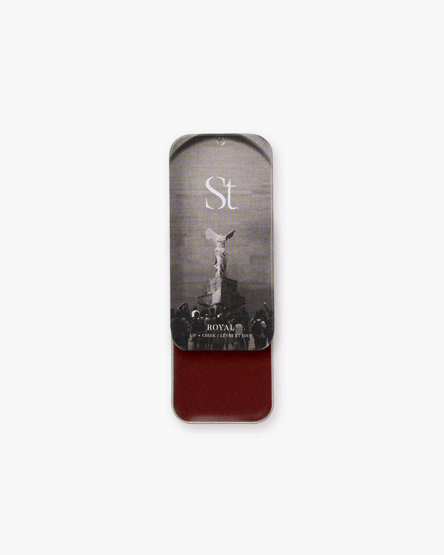 Seint Lip + Cheek in Royal, gloss finish — open tin of rich oxblood brick-red cream for lips and cheeks