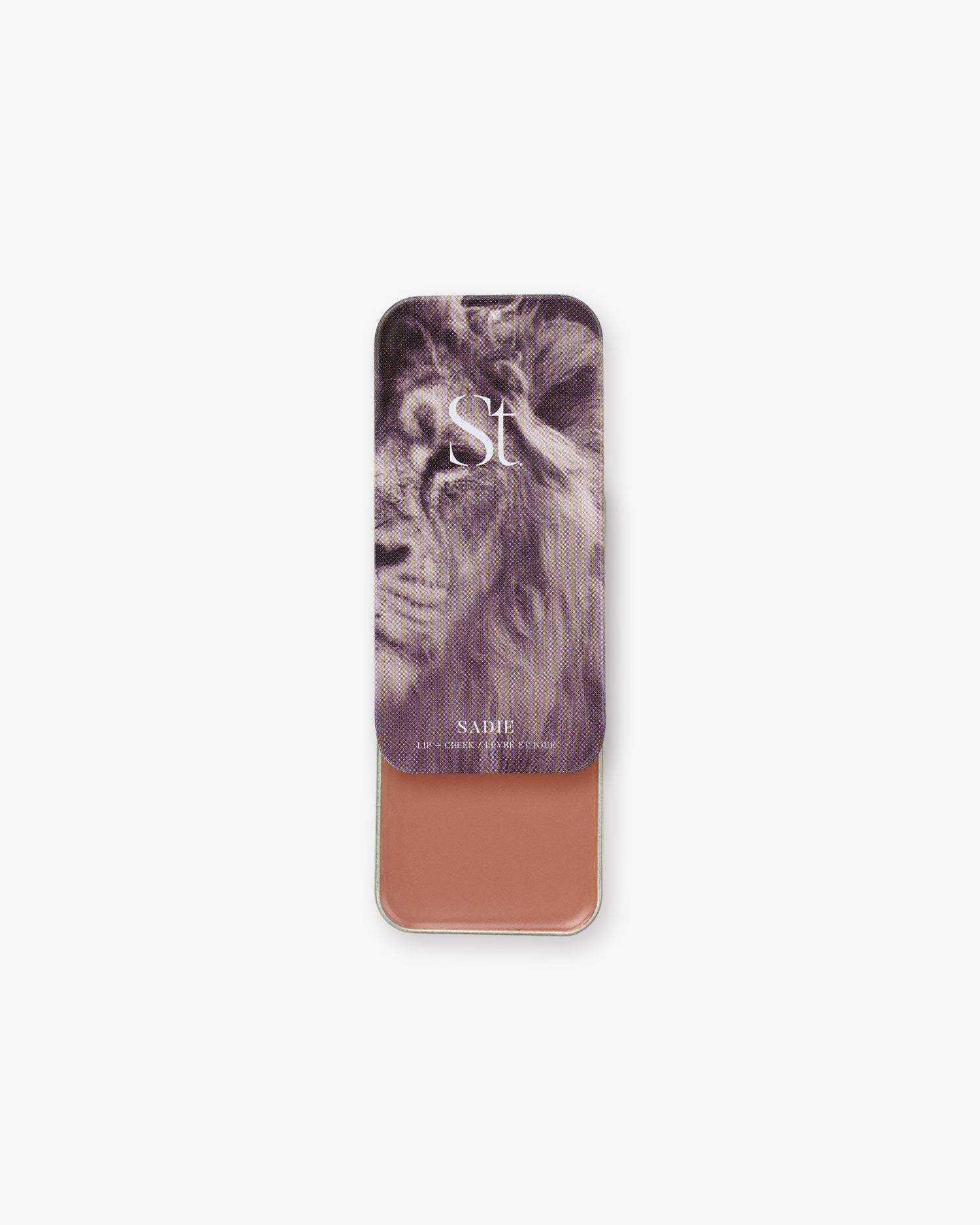 Seint Lip + Cheek in Sadie, gloss finish — warm rosy-brown nude cream blush in its slide-open tin