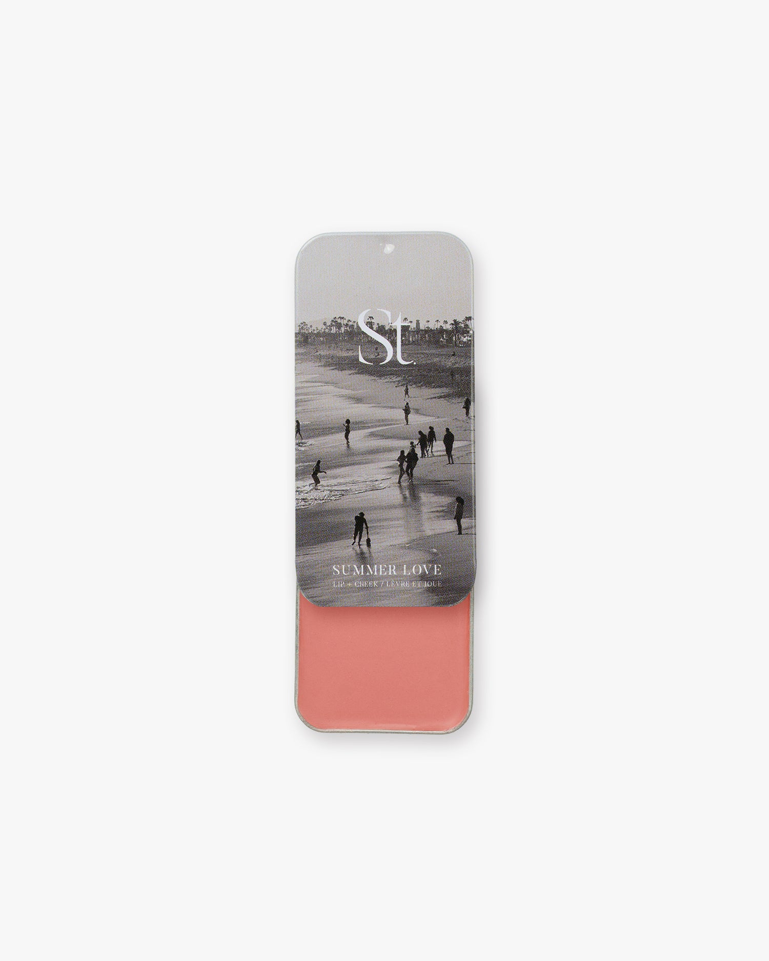 Seint Lip + Cheek in Summer Love, gloss finish — open tin of coral-pink cream blush for lips and cheeks