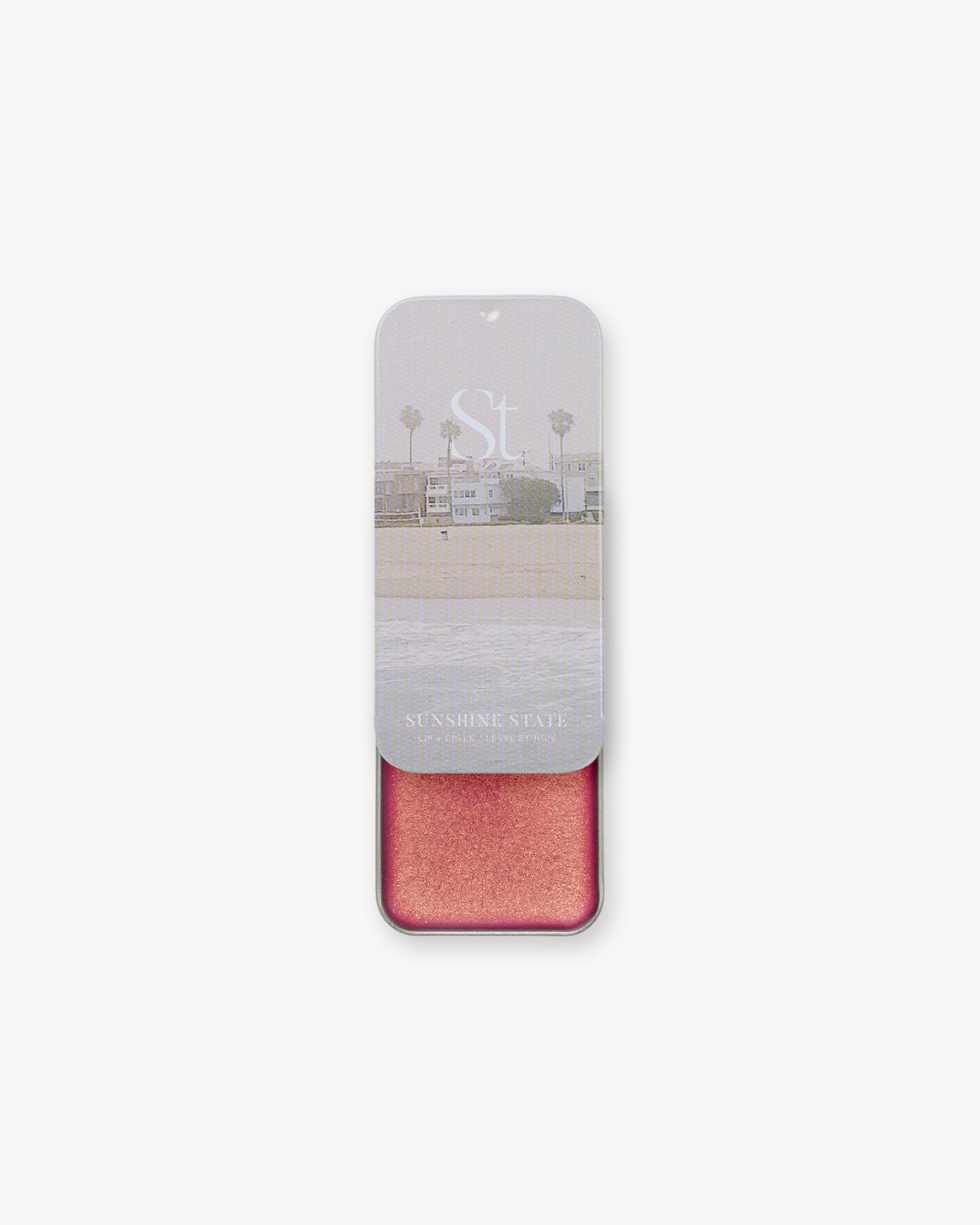 Seint Lip + Cheek in Sunshine State, gloss finish — open tin of shimmering coppery-rose cream for lips and cheeks