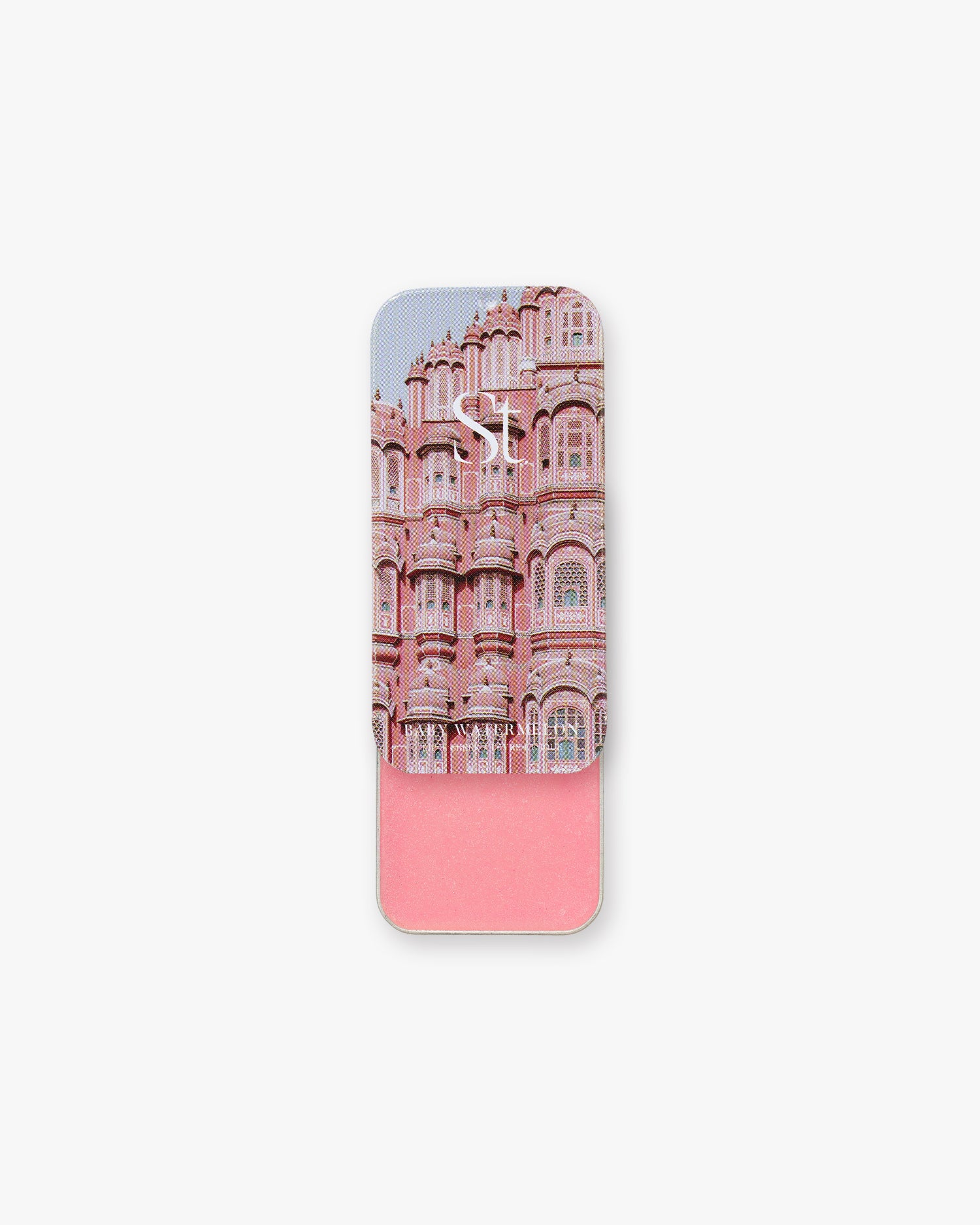 Seint Lip + Cheek in Baby Watermelon, satin finish — tin slid open to a light shimmery watermelon-pink cream