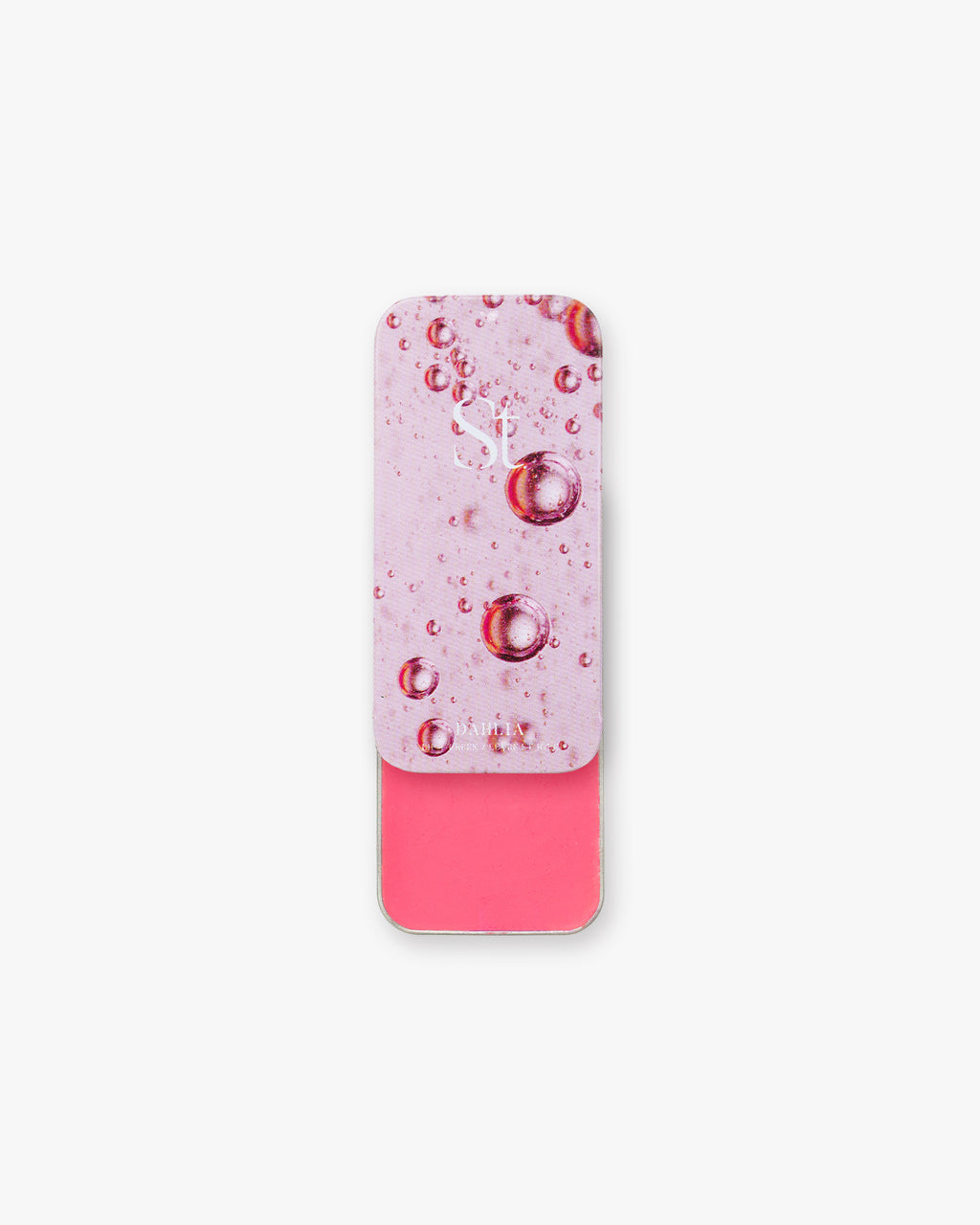 Seint Lip + Cheek in Dahlia, satin finish — slide-top tin open to a vivid warm-pink cream for lips and cheeks