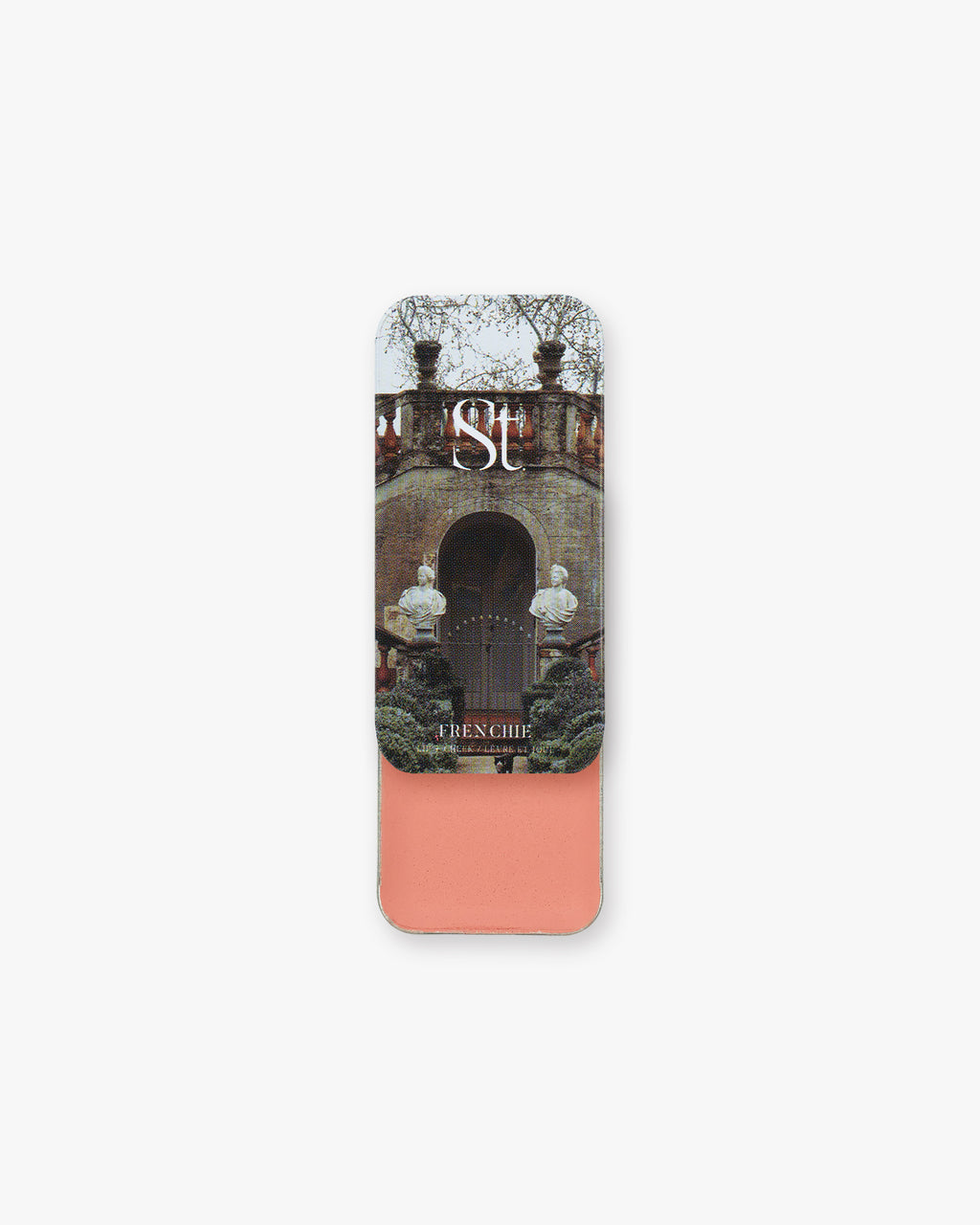 Seint Lip + Cheek in Frenchie, satin finish — open tin revealing soft peachy-coral cream blush