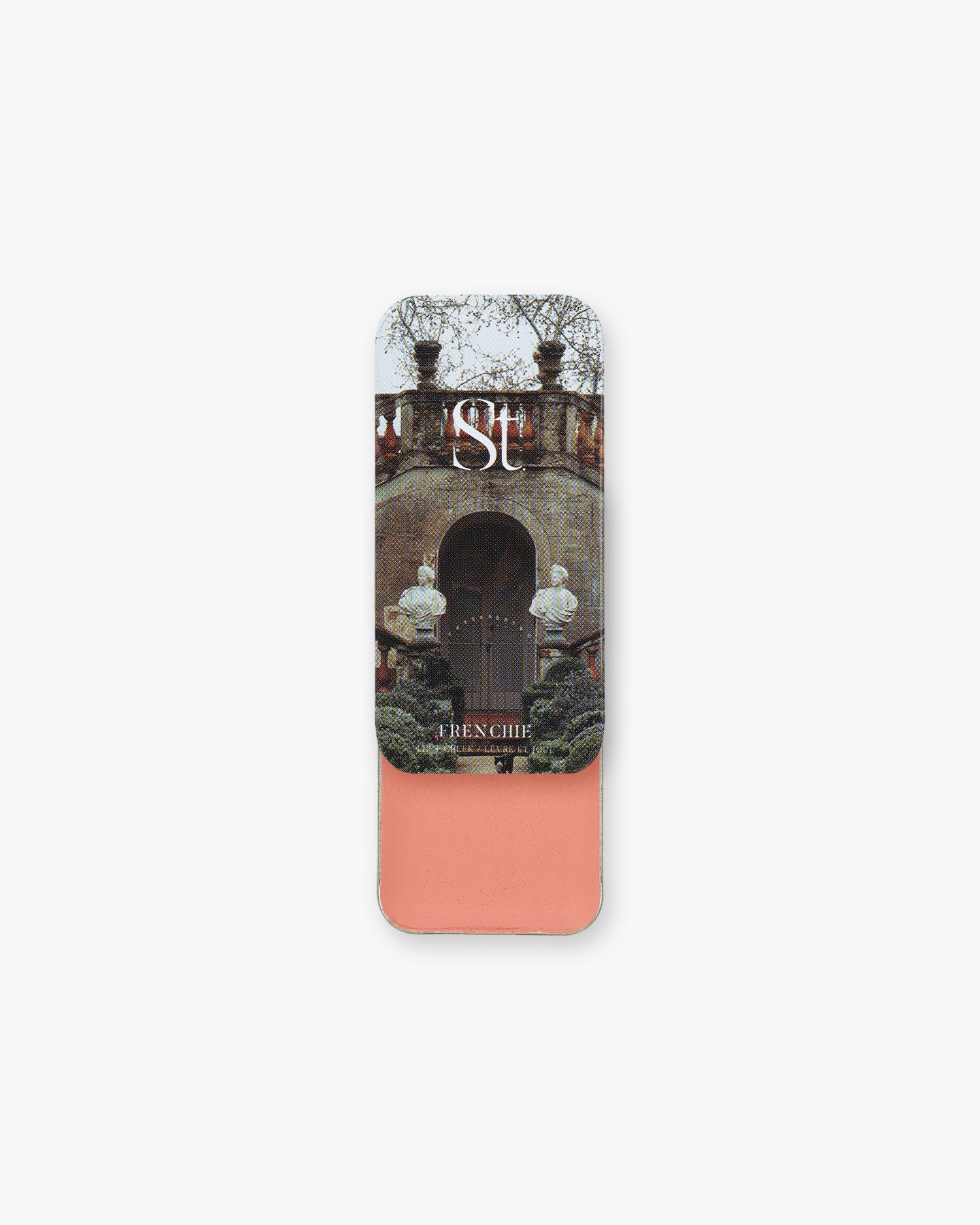 Seint Lip + Cheek in Frenchie, satin finish — open tin revealing soft peachy-coral cream blush