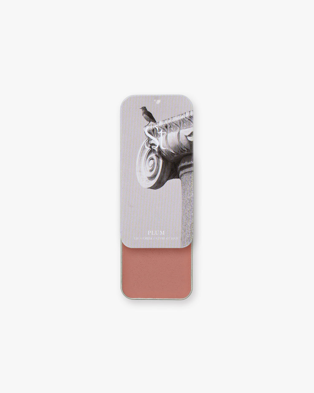 Seint Lip + Cheek in Plum, satin finish — open tin of dusty rose-brown cream blush for lips and cheeks