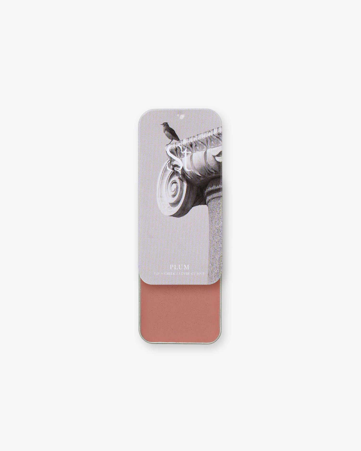 Seint Lip + Cheek in Plum, satin finish — open tin of dusty rose-brown cream blush for lips and cheeks