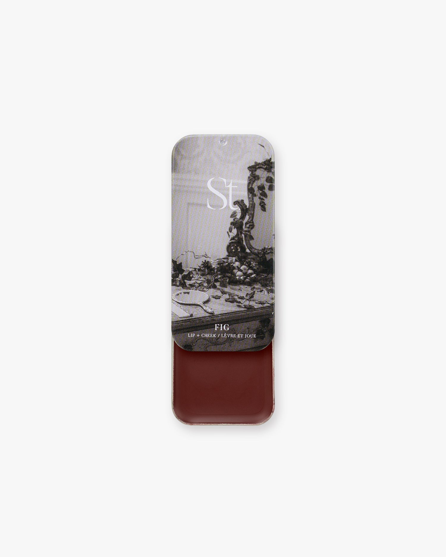 Seint Lip + Cheek in Fig, semi-gloss finish — open tin of deep burgundy-brown cream for lips and cheeks