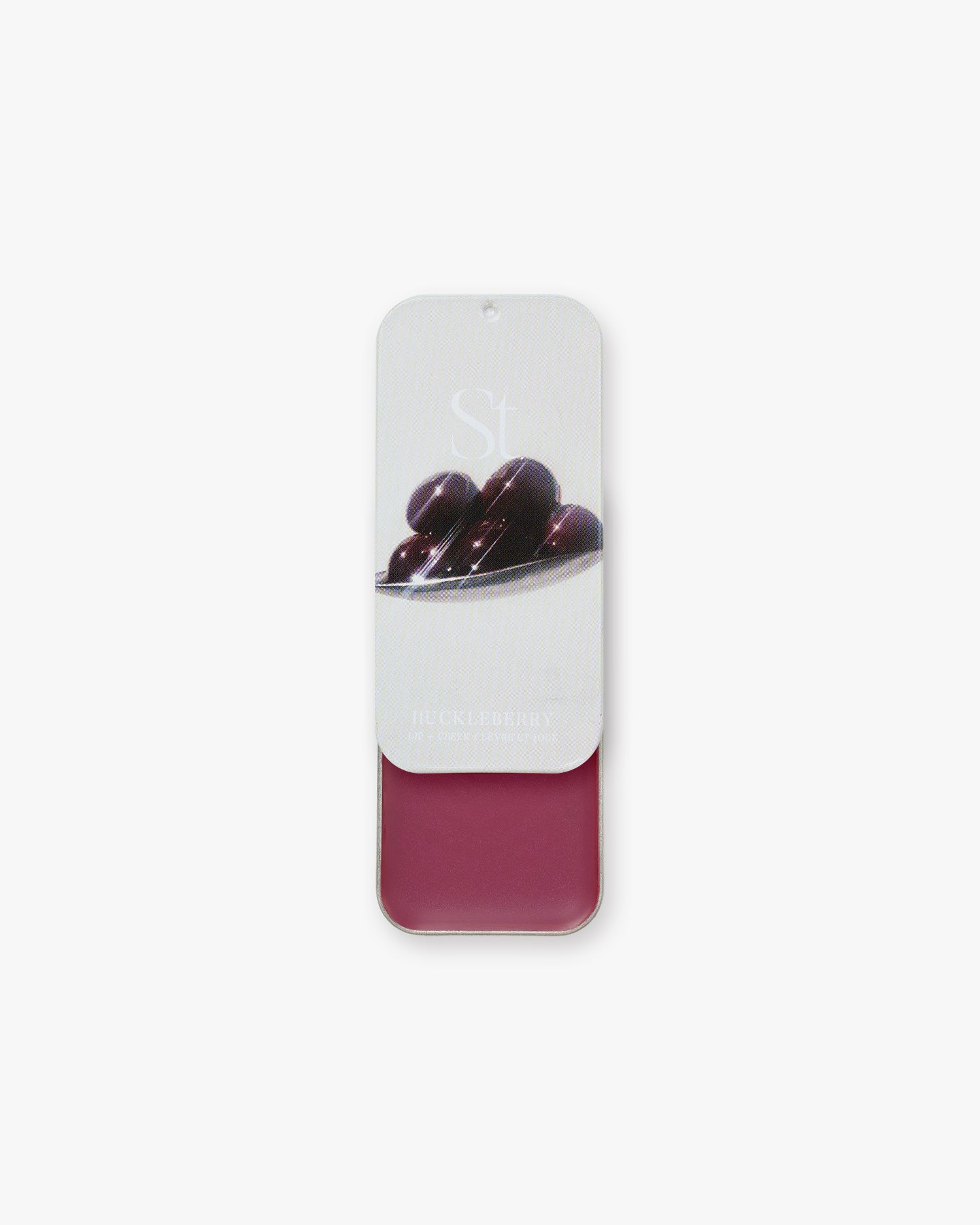 Seint Lip + Cheek in Huckleberry, semi-gloss finish — open tin of deep berry-rose cream blush