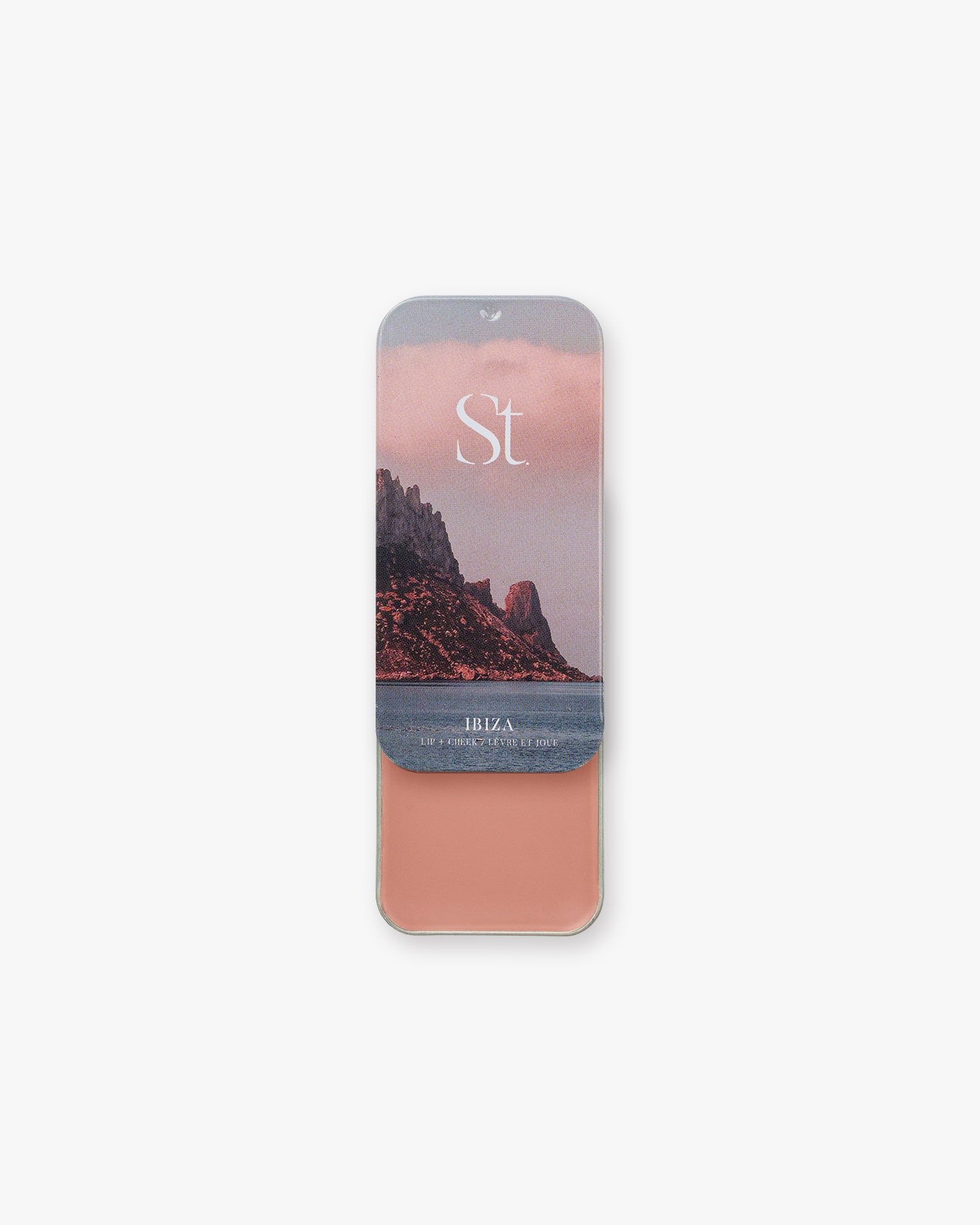 Seint Lip + Cheek in Ibiza, semi-gloss finish — open tin of muted clay-rose cream blush for lips and cheeks
