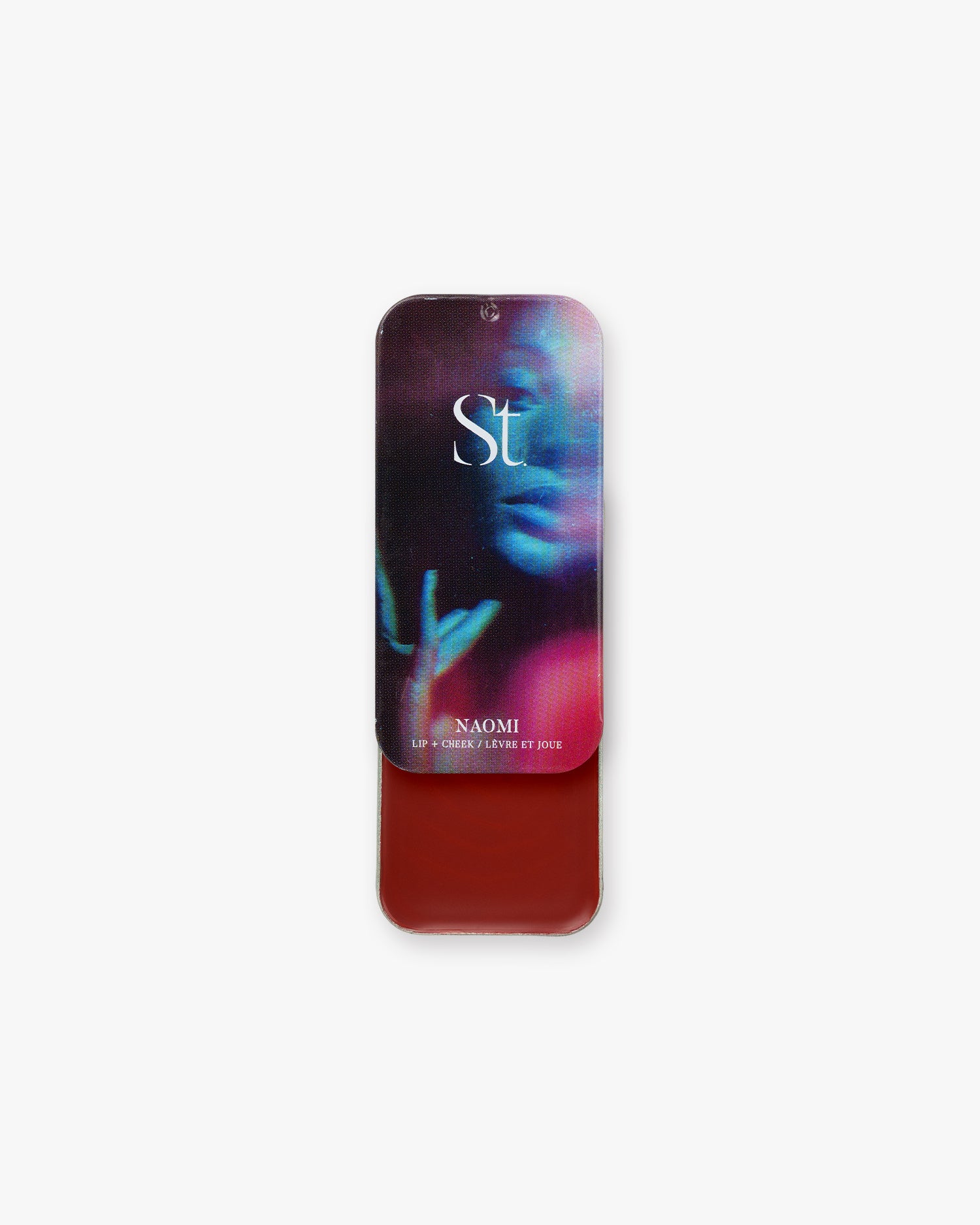 Seint Lip + Cheek in Naomi, semi-gloss finish — slide-top tin open to a rich brick-red cream blush