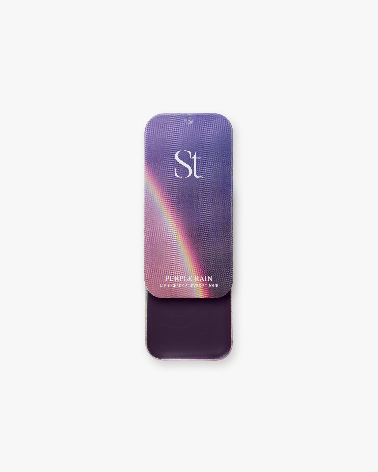 Seint Lip + Cheek in Purple Rain, semi-gloss finish — open tin of deep plum-purple cream blush