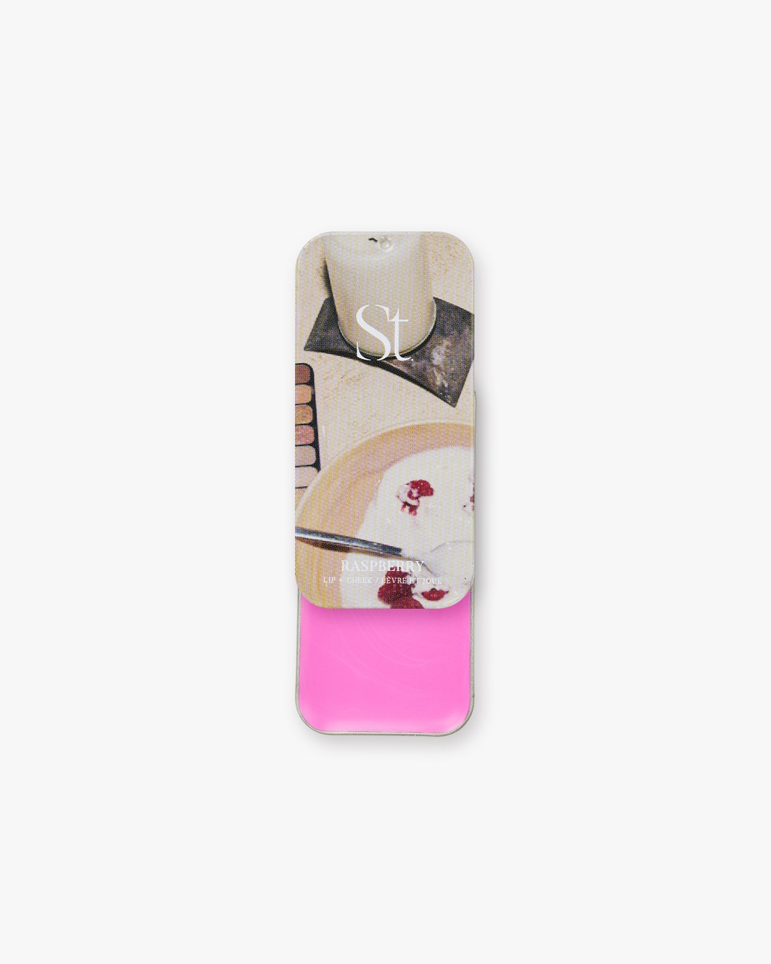 Seint Lip + Cheek in Raspberry, semi-gloss finish — open tin of bright bubblegum-pink cream for lips and cheeks