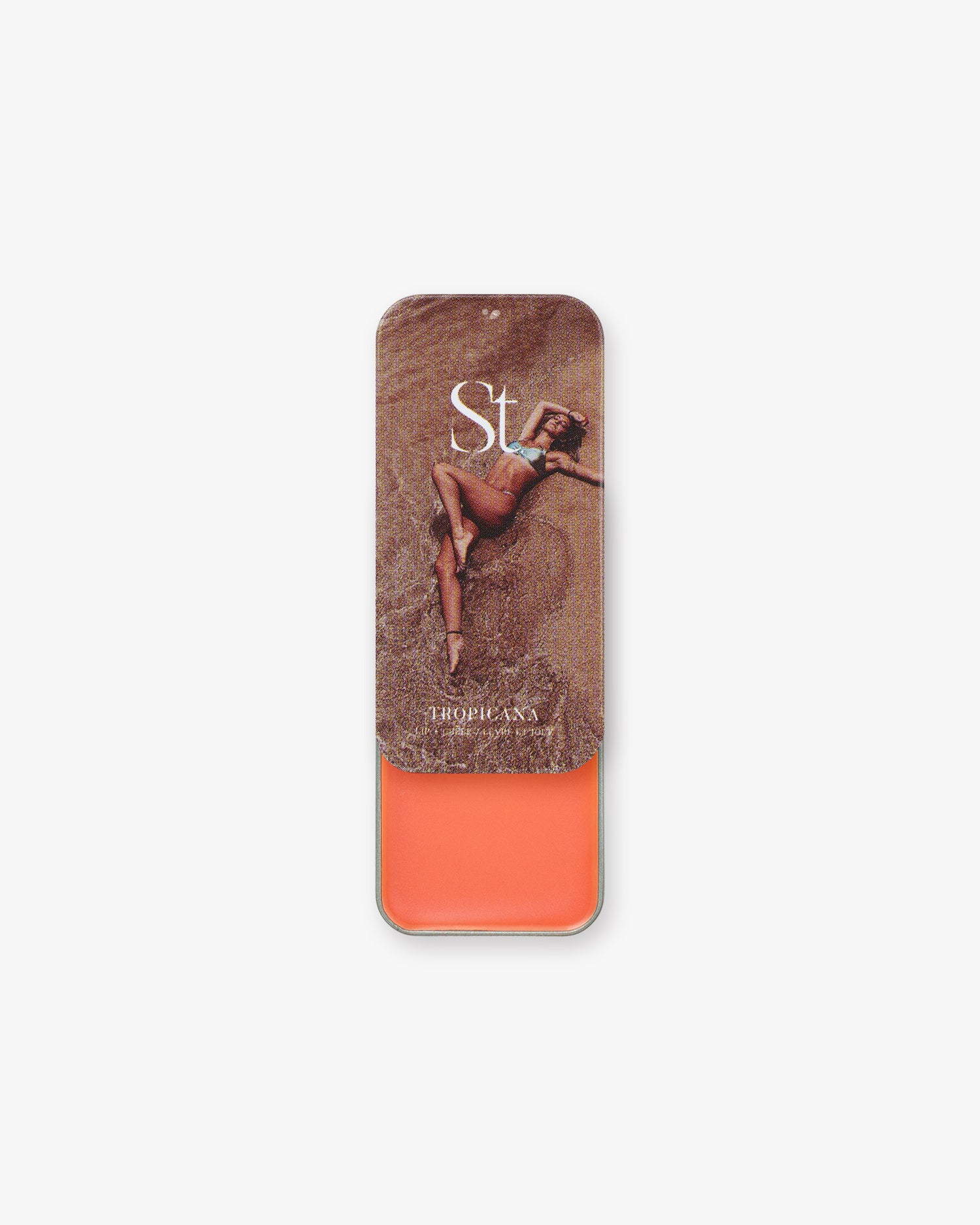 Seint Lip + Cheek in Tropicana, semi-gloss finish — open tin of juicy coral-orange cream blush