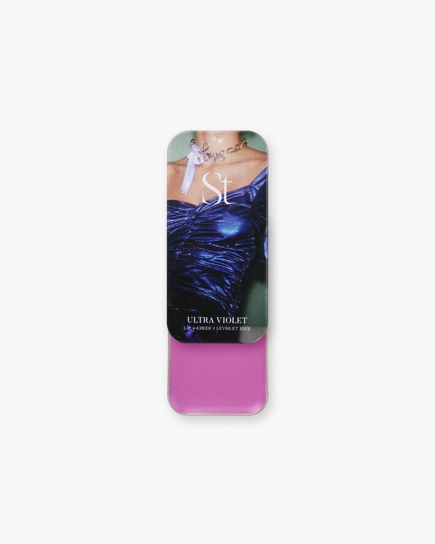 Seint Lip + Cheek in Ultra Violet, semi-gloss finish — tin open to a vivid orchid-purple cream for lips and cheeks