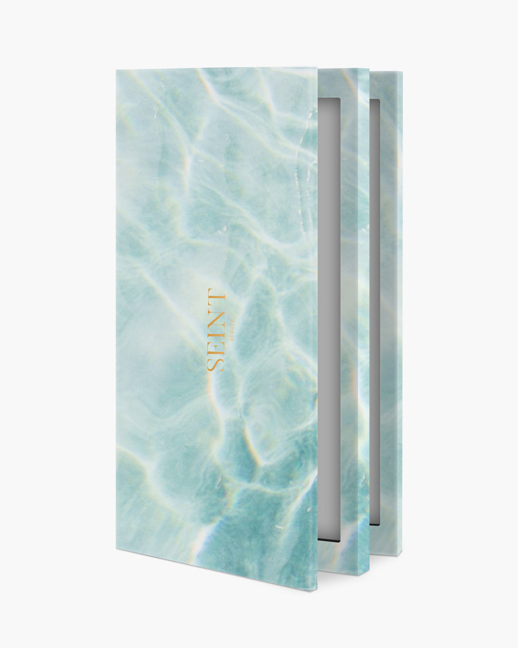 Seint Palette 18 in Poolside, a tall slim case printed with sunlit turquoise pool water and a gold SEINT wordmark