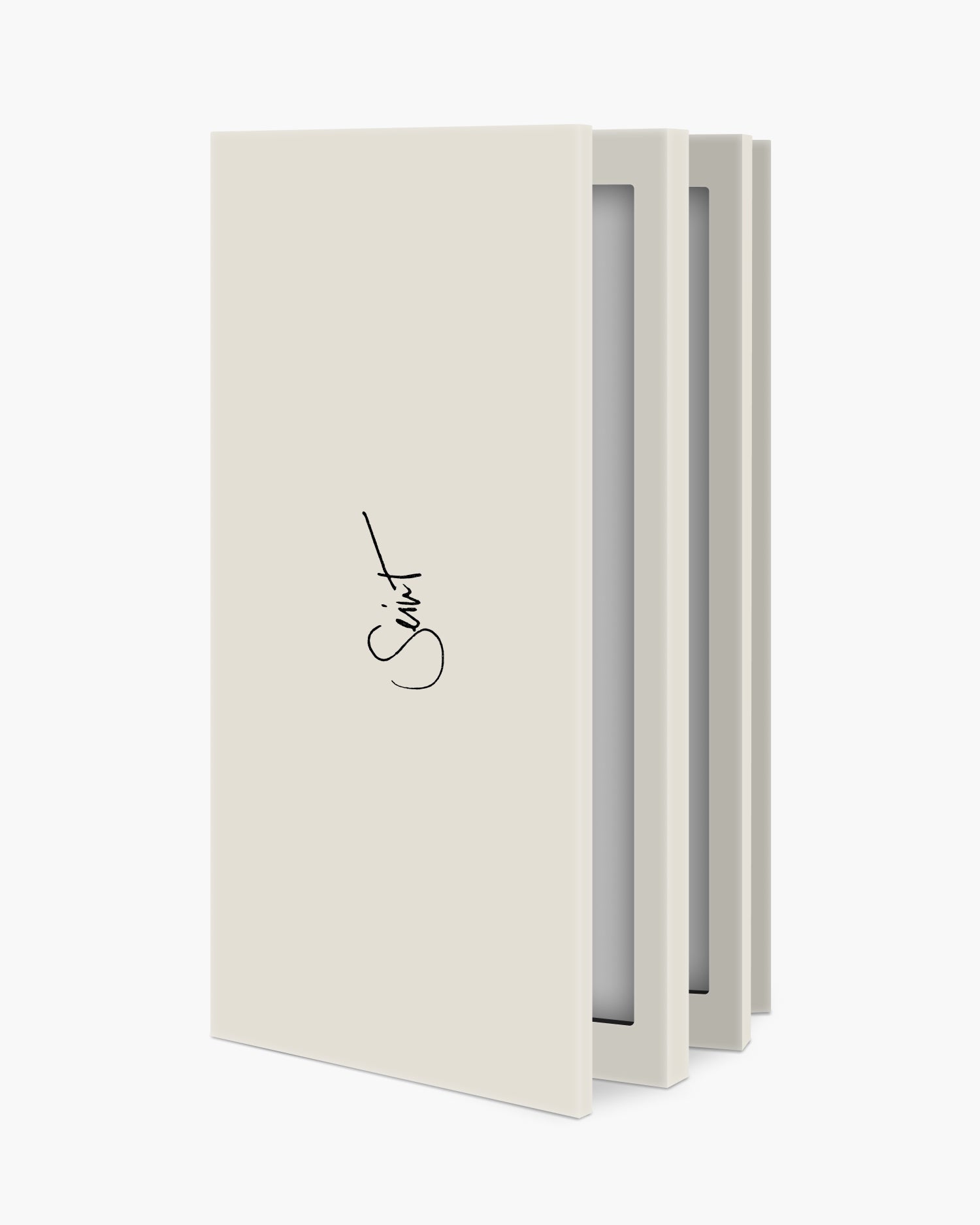 Seint IIID Palette 27 in Vanilla, minimal ivory cover with handwritten black Seint script, standing partly open