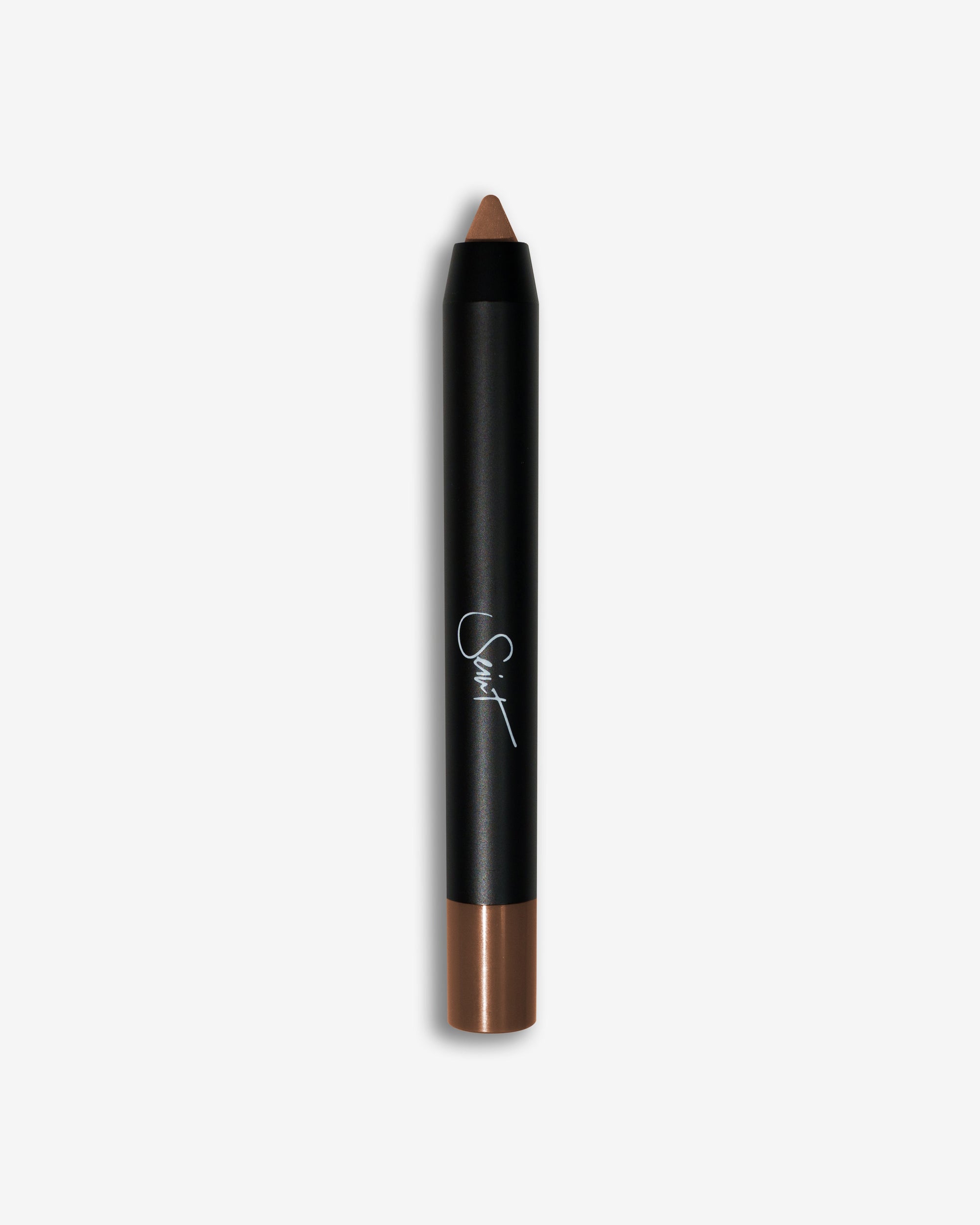 Seint Pencil in Latte, a soft neutral tan-brown shade at the sharpened tip and base cap of the black pencil