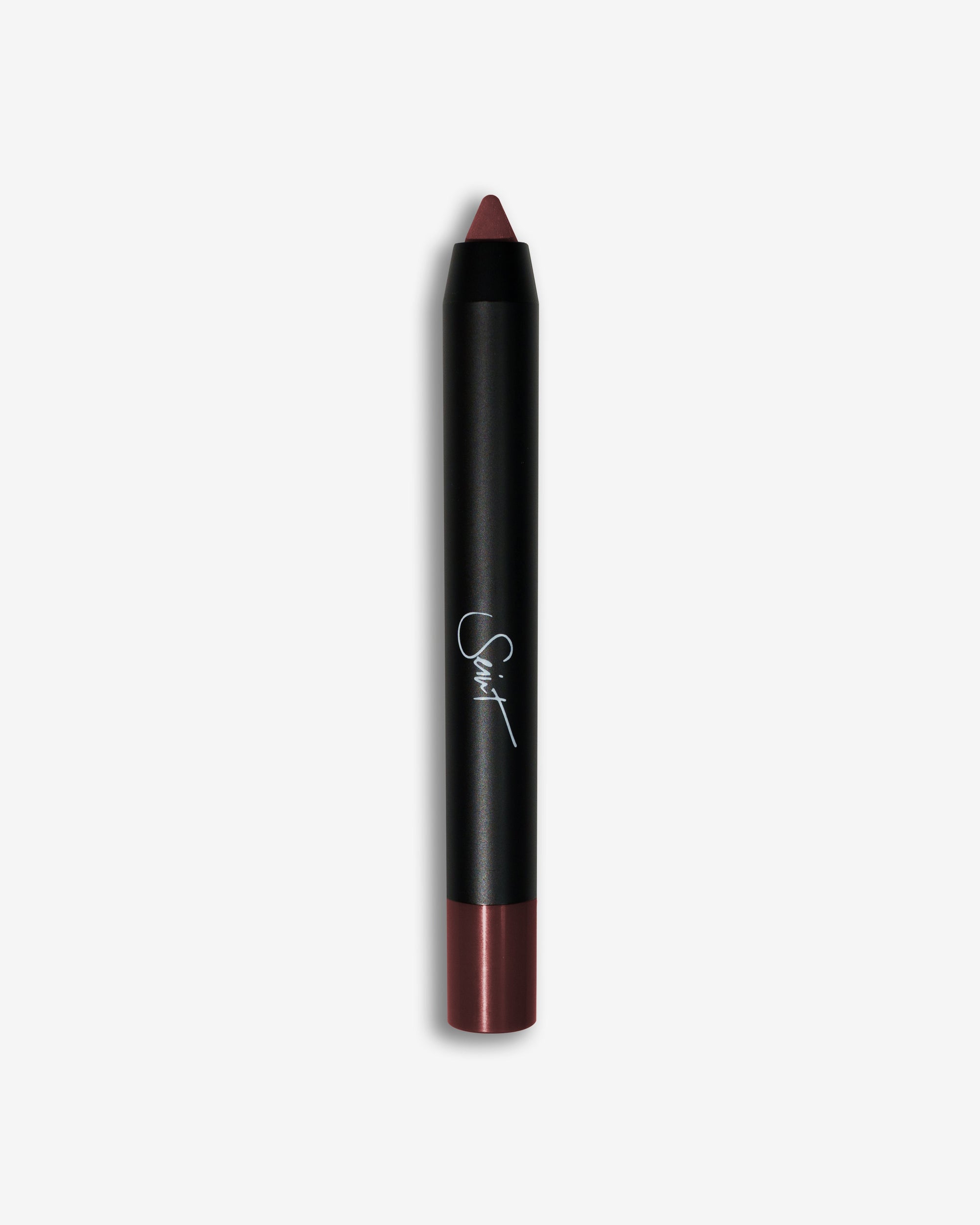 Seint Pencil in Mulberry showing a deep berry-wine cream tip and burgundy base on the black crayon
